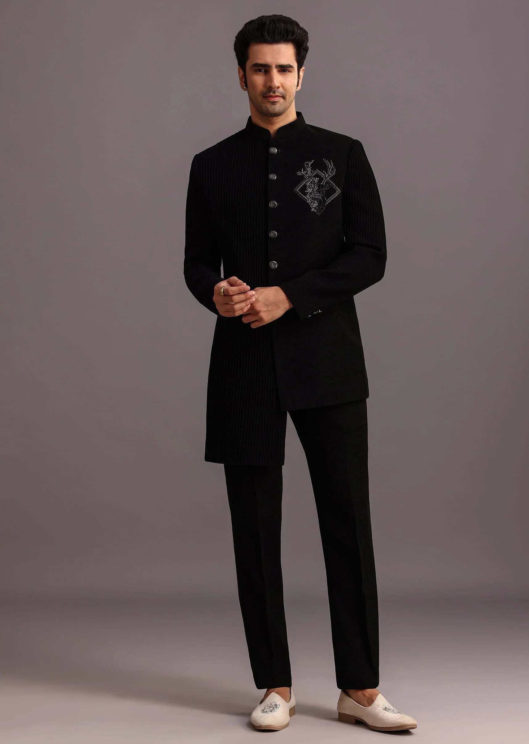 Black Zardosi Embroidered Indowestern Trouser Suit - Image 2