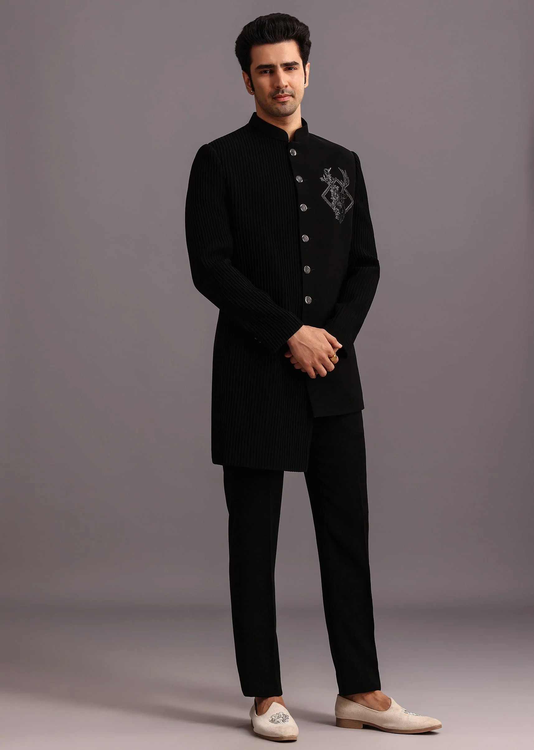 Black Zardosi Embroidered Indowestern Trouser Suit - Image 4