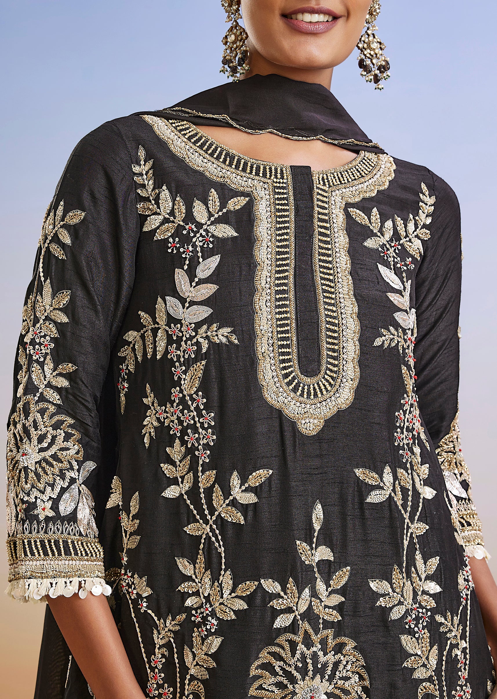 Black Zardosi Embroidered Silk Palazzo Suit With Dupatta - Image 2