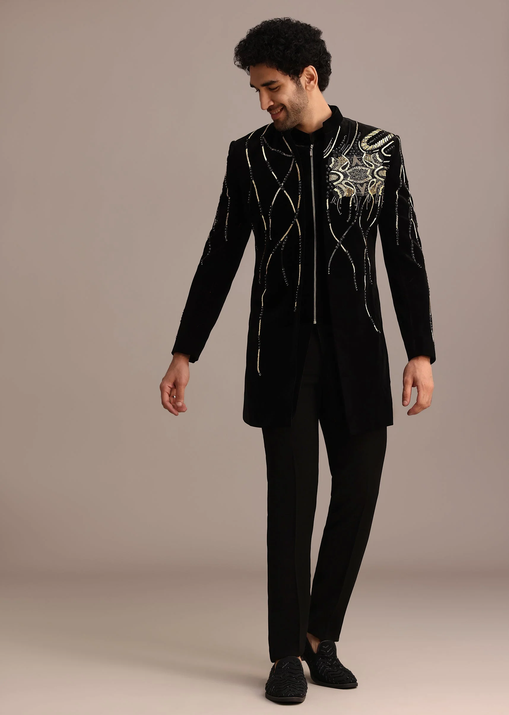 Black Zardozi Embroidered Indo Western Set in Velvet - Image 2