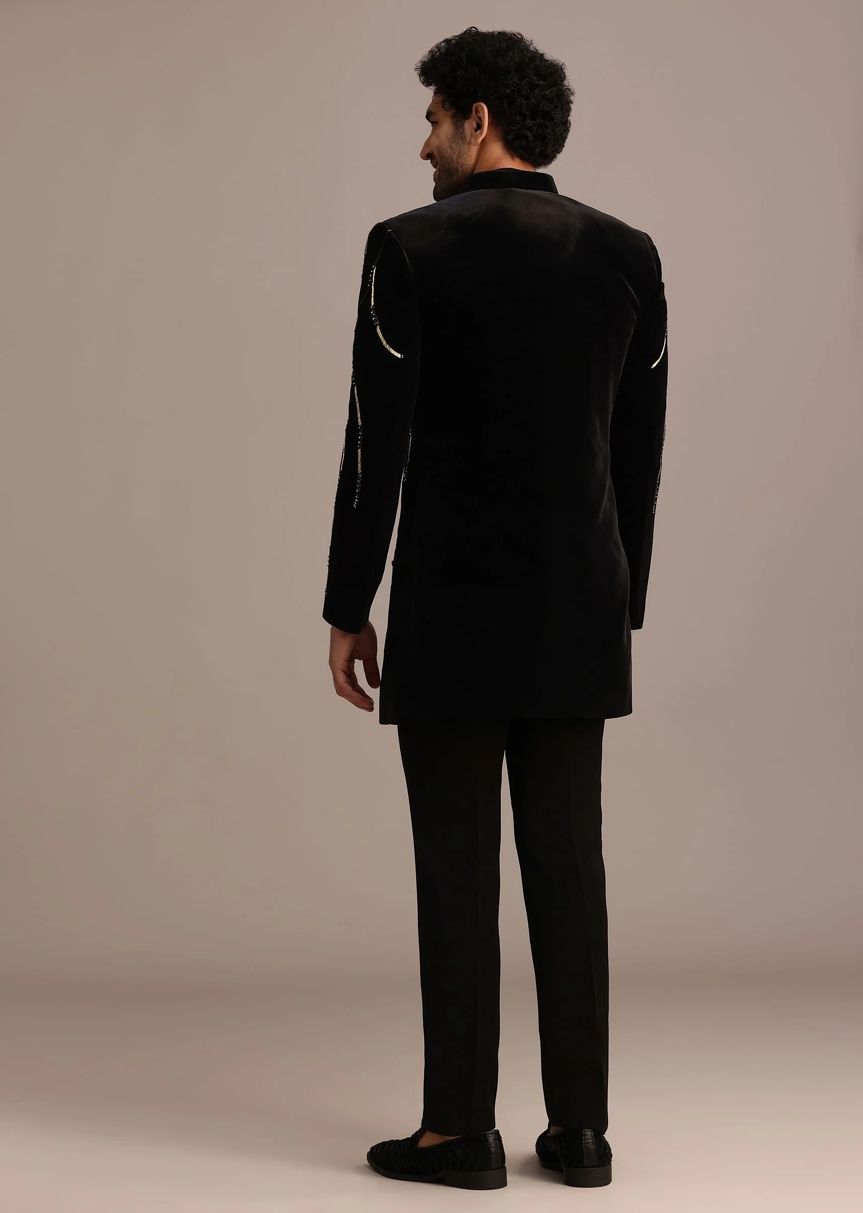 Black Zardozi Embroidered Indo Western Set in Velvet - Image 5