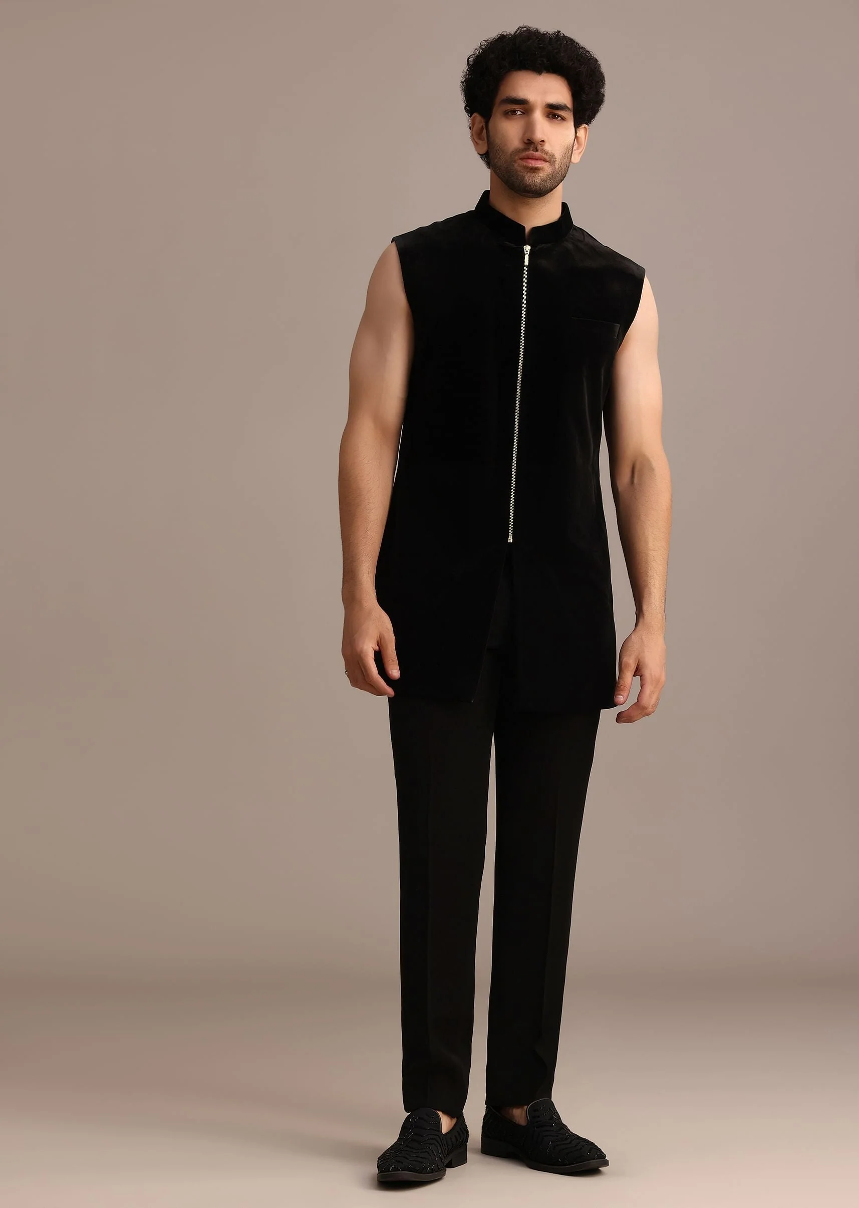 Black Zardozi Embroidered Indo Western Set in Velvet - Image 6
