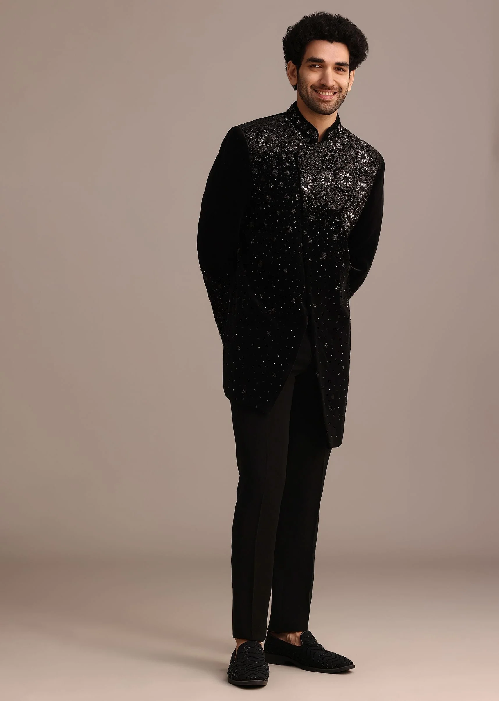 Black Zardozi Work Indo Western Set in Velvet - Image 3
