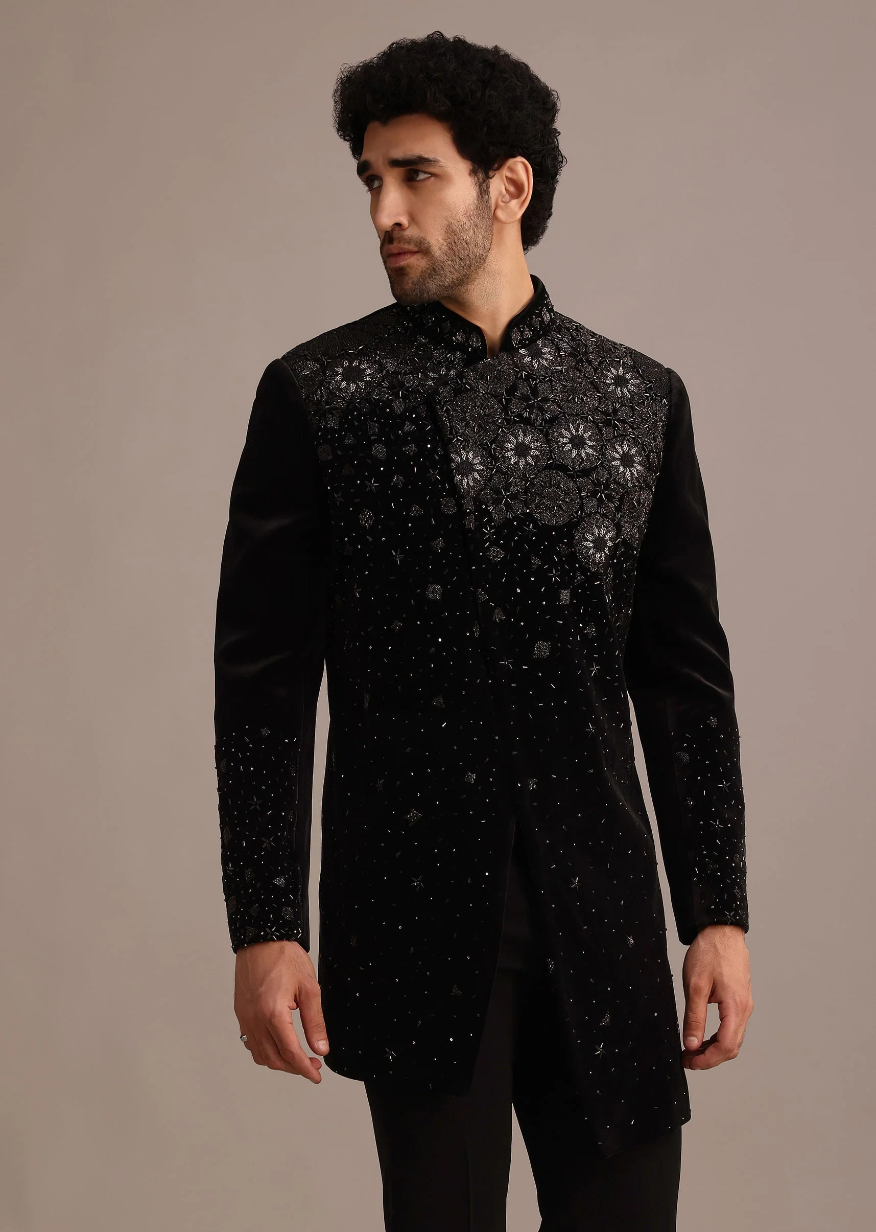 Black Zardozi Work Indo Western Set in Velvet - Image 4