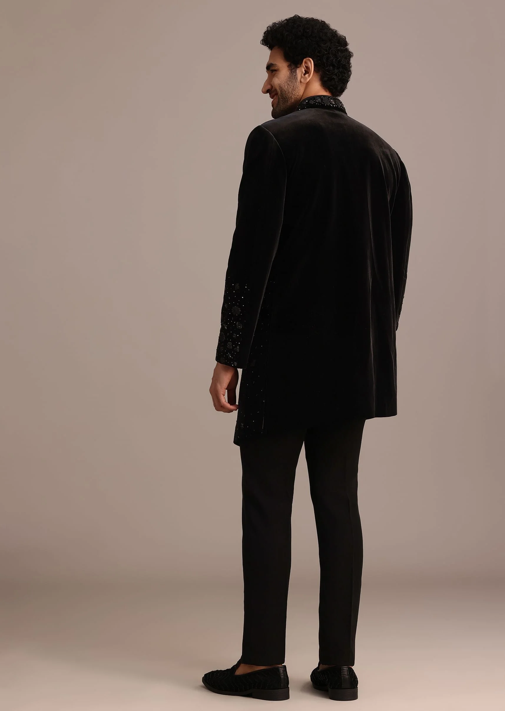 Black Zardozi Work Indo Western Set in Velvet - Image 5