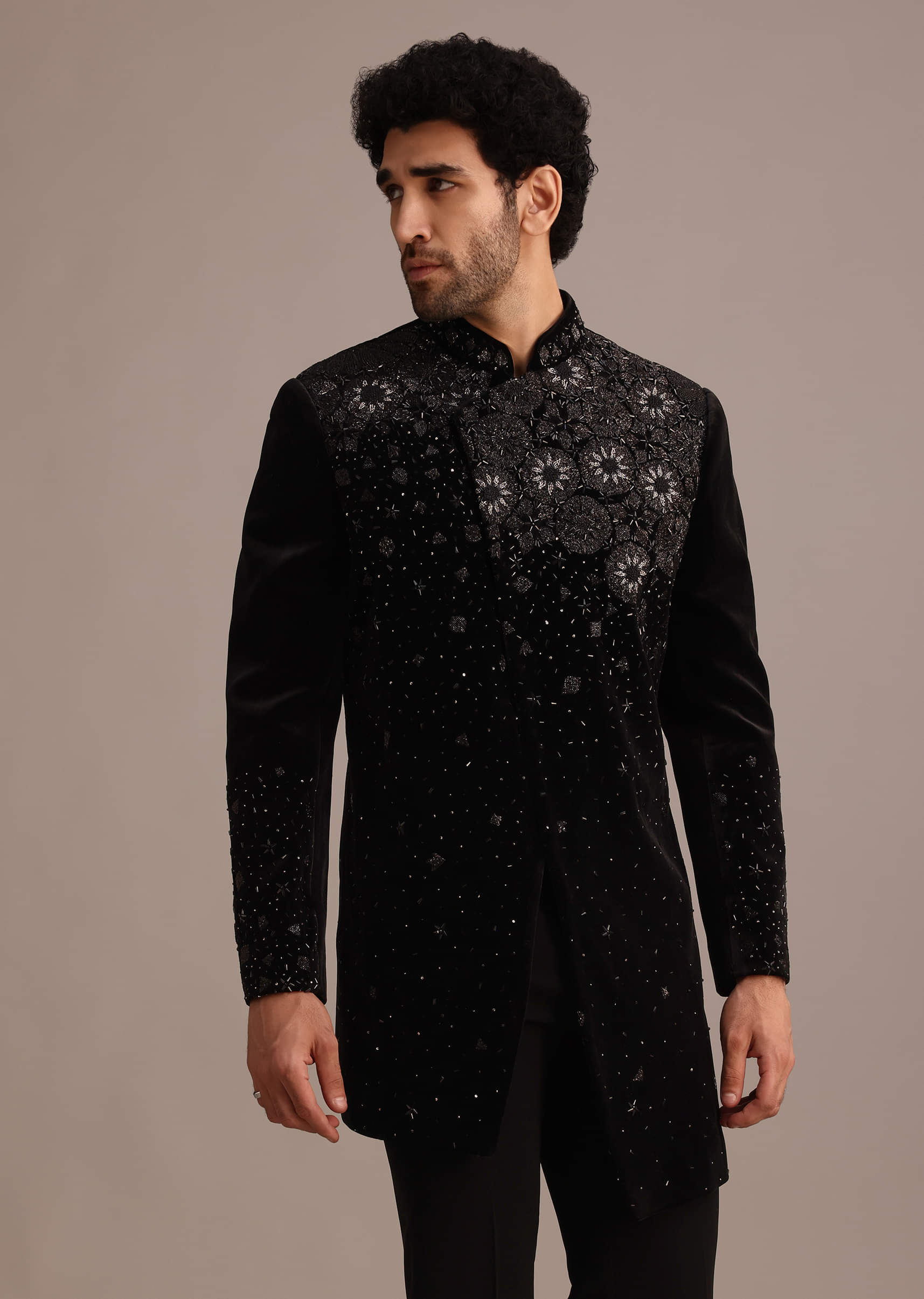 Black Zardozi Work Indo Western Set in Velvet - Image 8