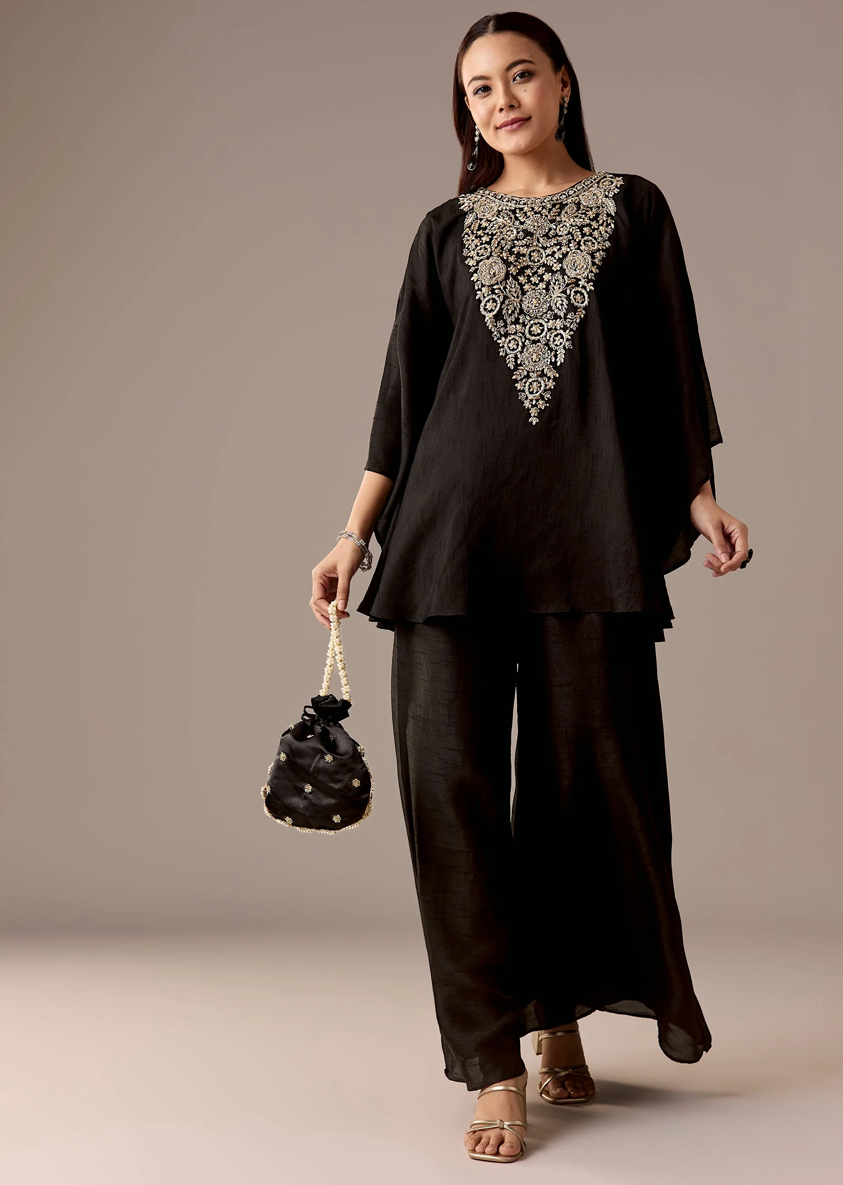 Black Zari Kaftan Palazzo Set - Image 3