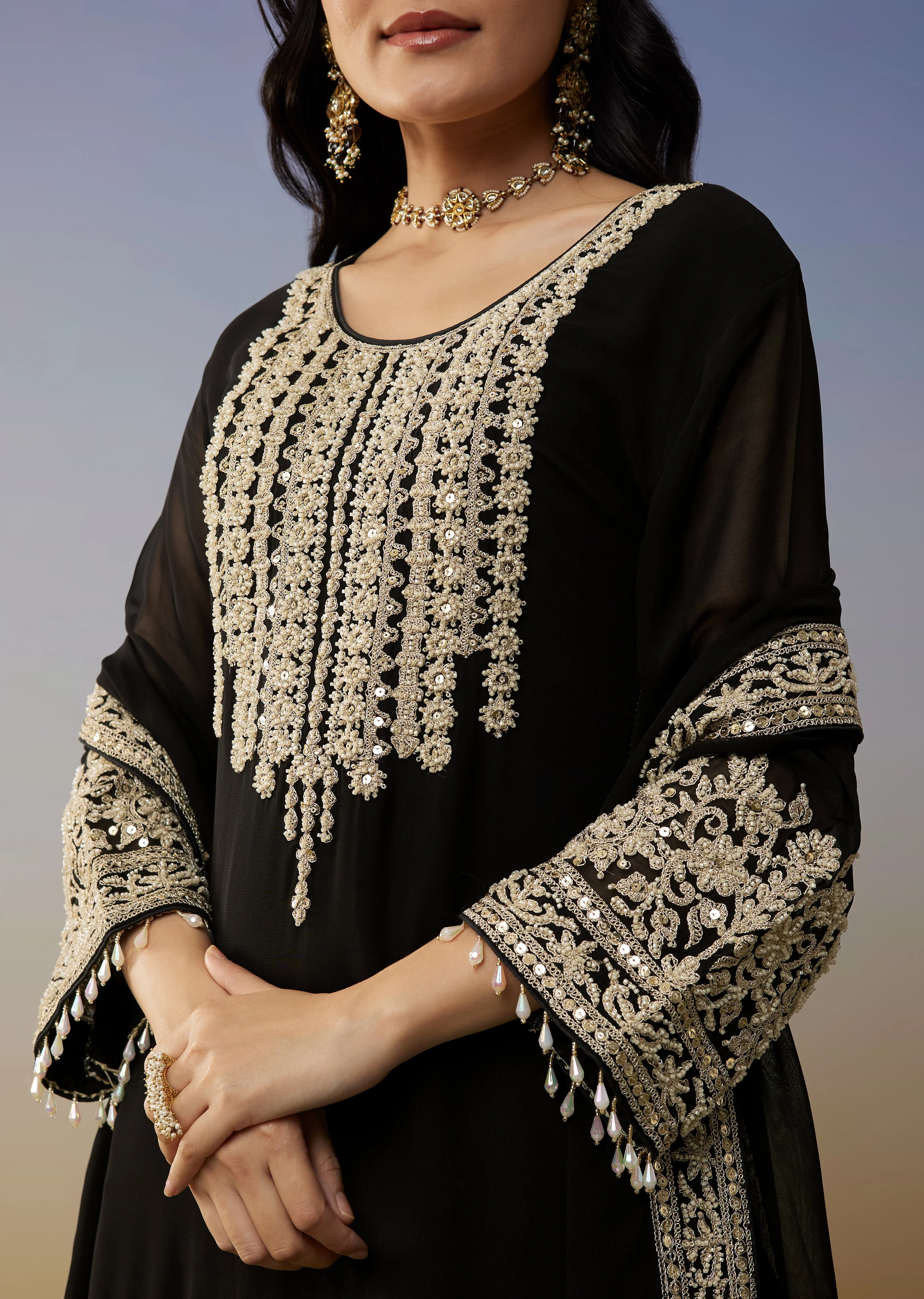 Black Zari Work Couple Set – Silk Kurta Set For Him & Georgette Palazzo Suit For Her - Image 4
