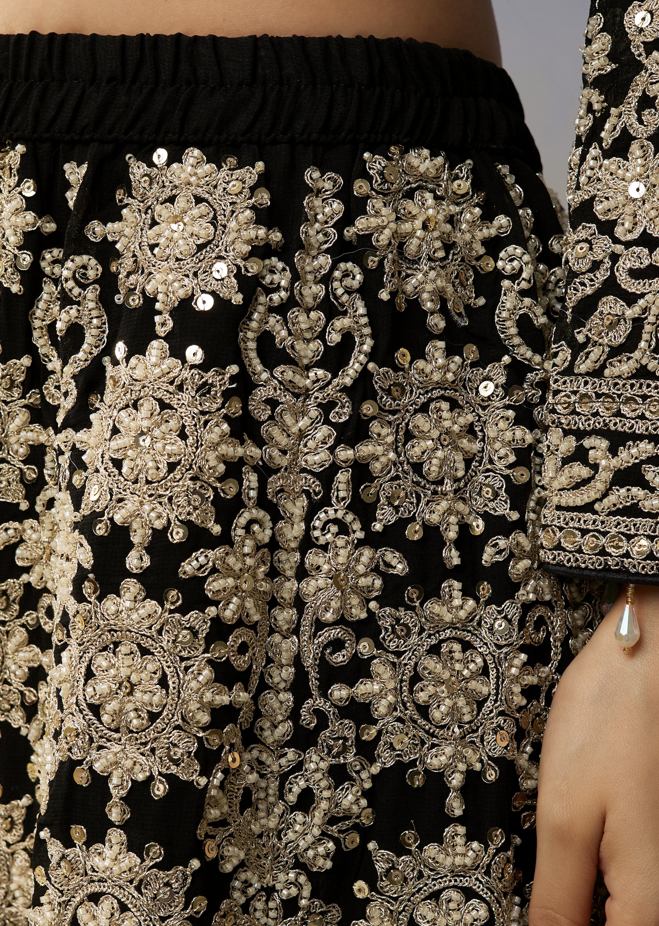 Black Zari Work Couple Set – Silk Kurta Set For Him & Georgette Palazzo Suit For Her - Image 5
