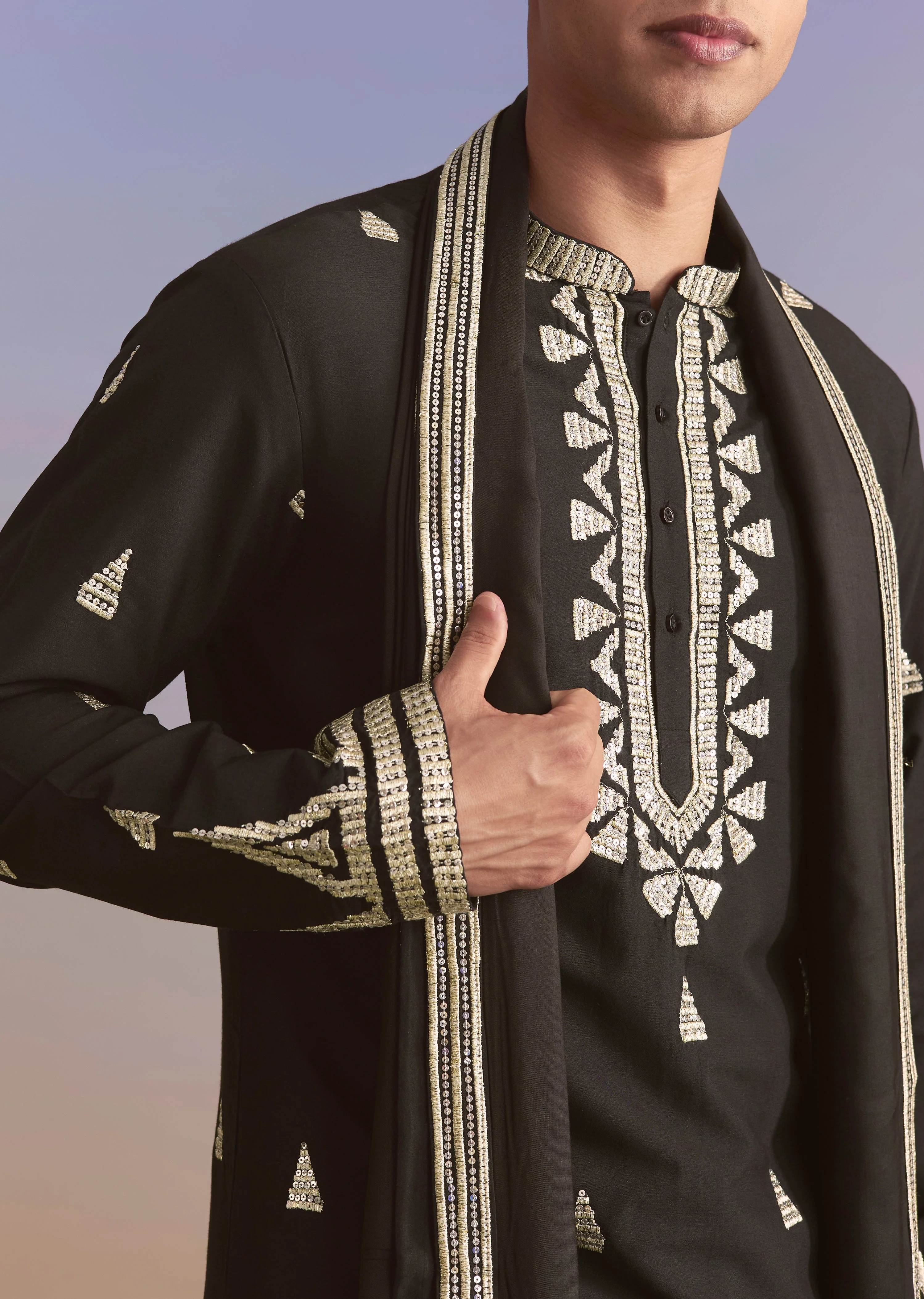 Black Zari Work Couple Set – Silk Kurta Set For Him & Georgette Palazzo Suit For Her - Image 8