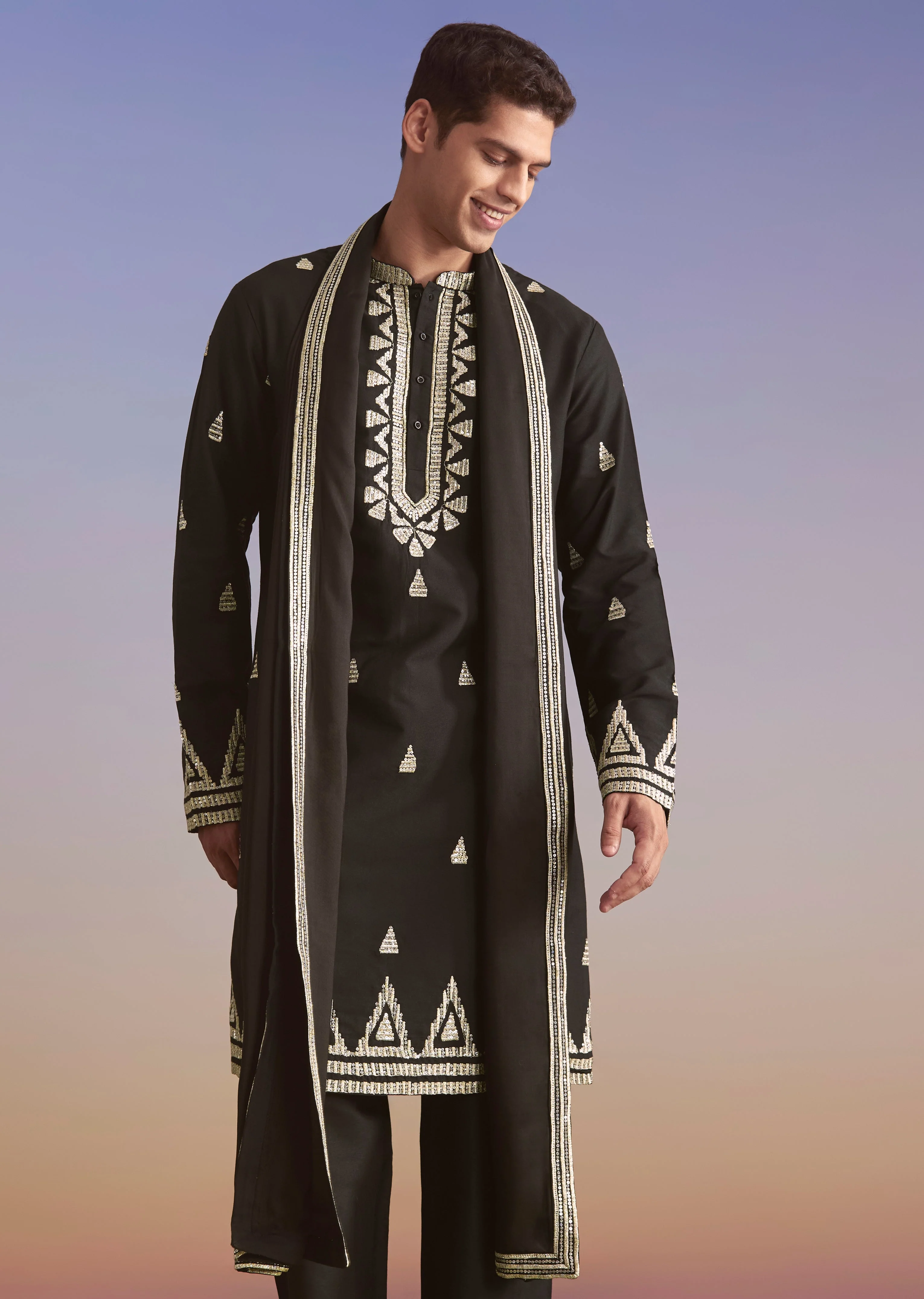 Black Zari Work Couple Set – Silk Kurta Set For Him & Georgette Palazzo Suit For Her - Image 9