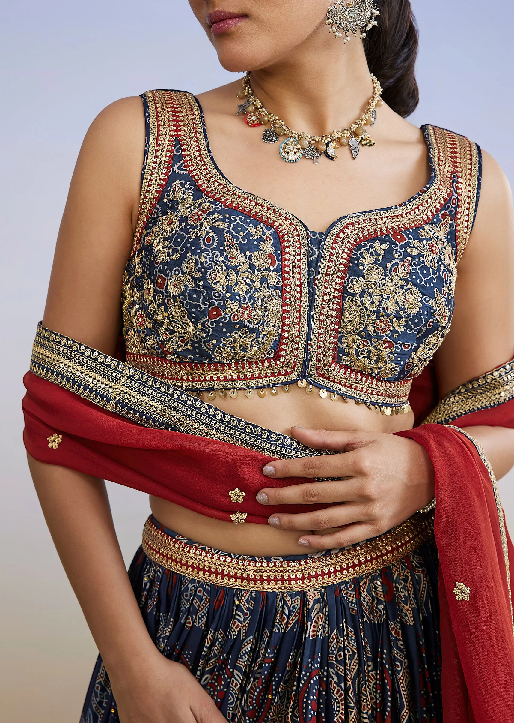 Blue Ajrakh Hand Dyed Printed Lehenga Set With Zari Dupatta - Image 3