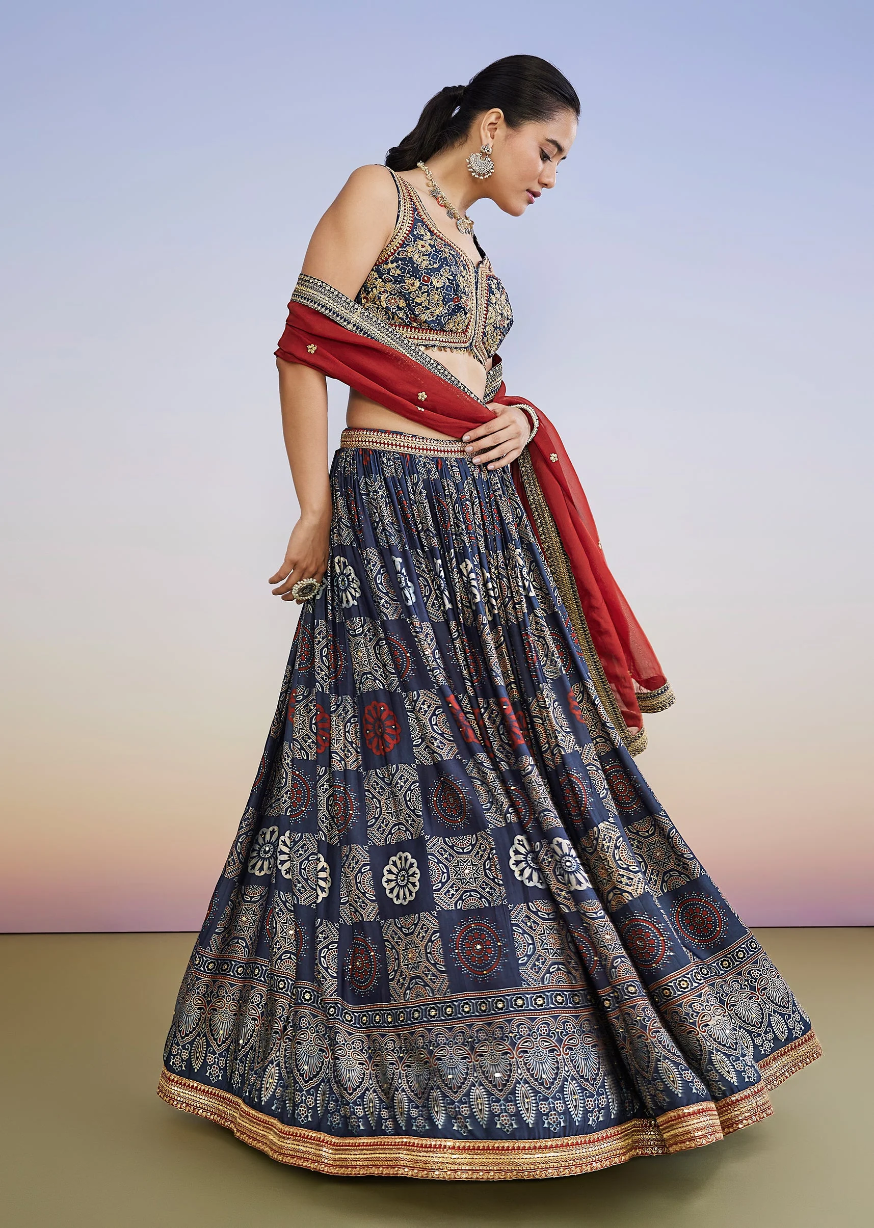 Blue Ajrakh Hand Dyed Printed Lehenga Set With Zari Dupatta - Image 4
