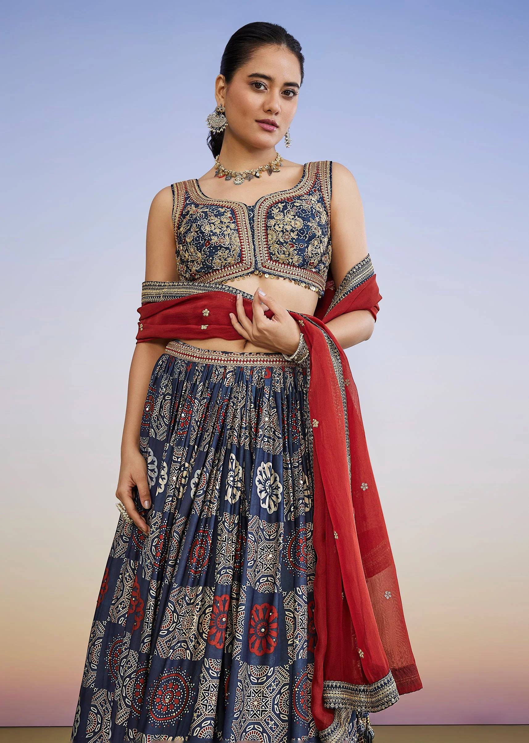 Blue Ajrakh Hand Dyed Printed Lehenga Set With Zari Dupatta - Image 5