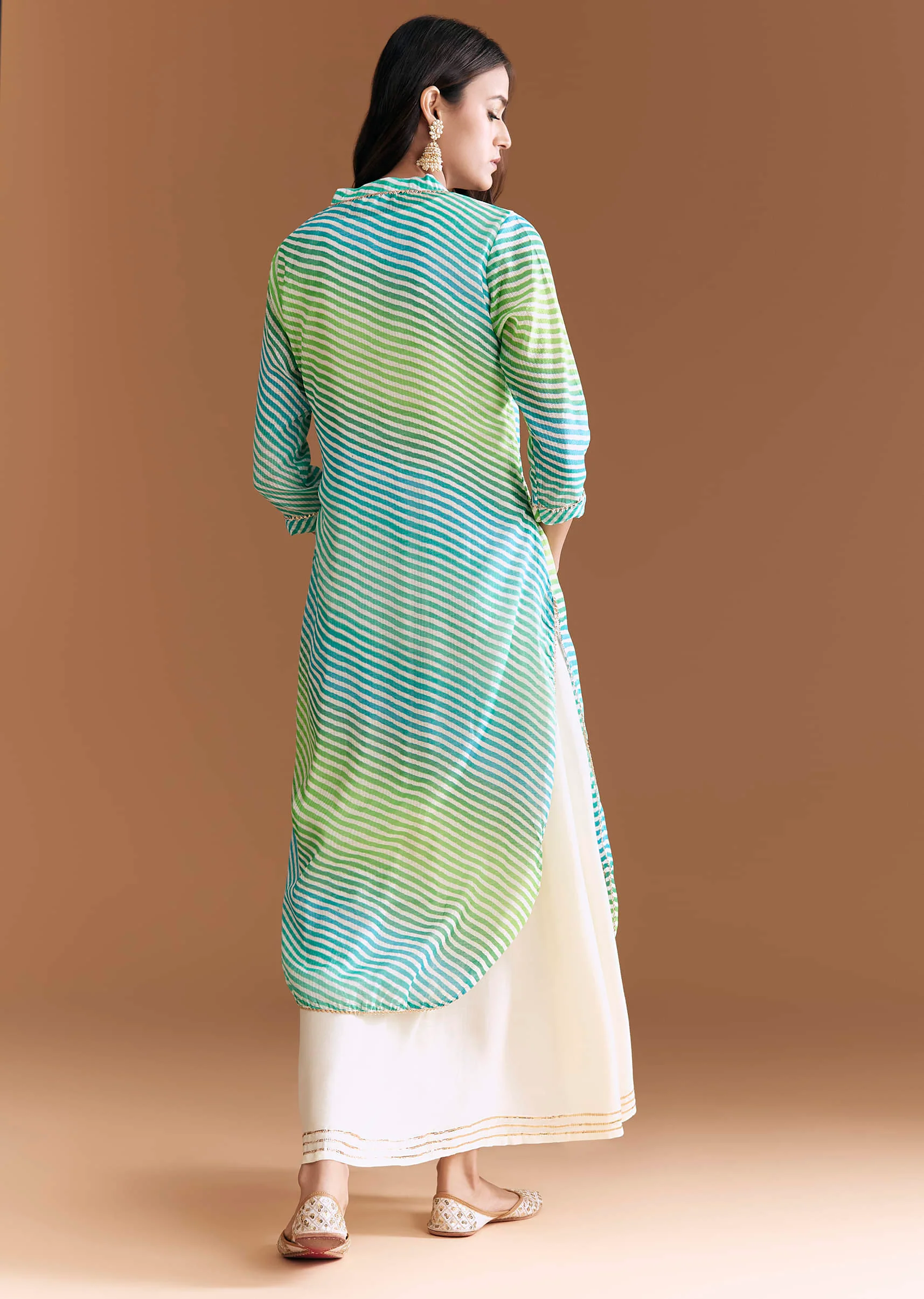 Blue And Green Cotton Kurti With Leheriya Print And Gota Work - Image 5