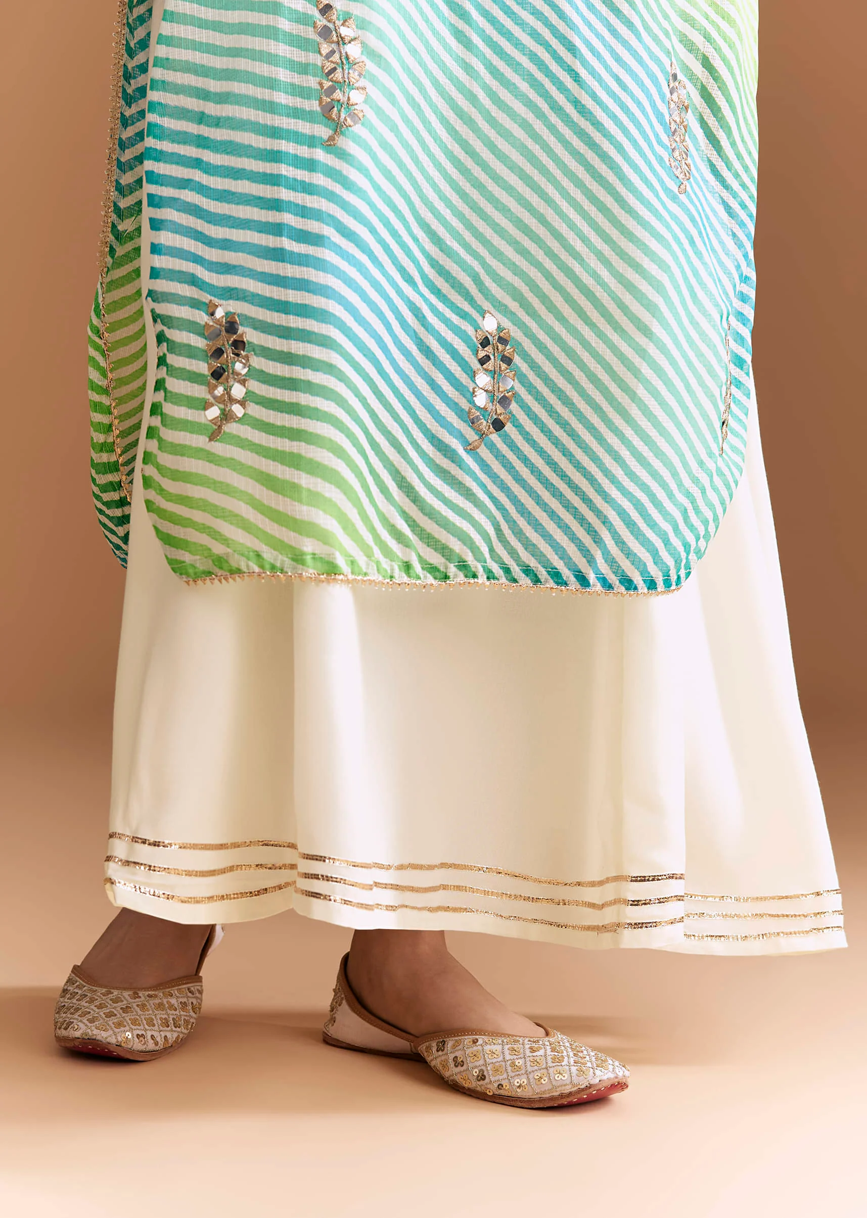 Blue And Green Cotton Kurti With Leheriya Print And Gota Work - Image 6