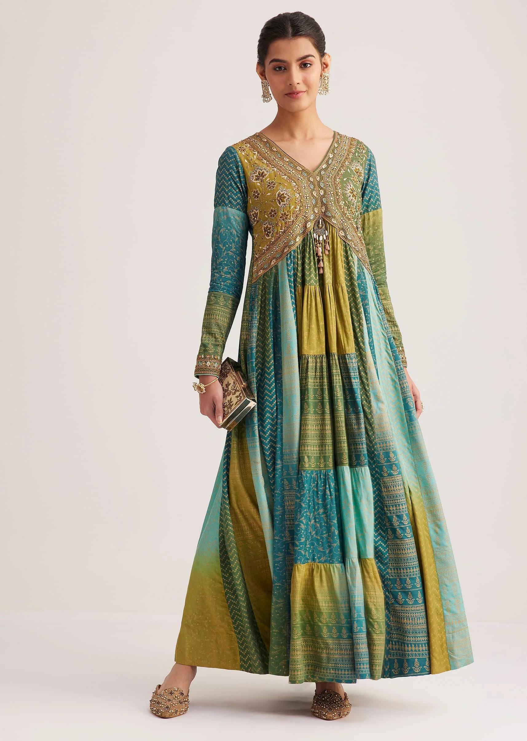 Blue And Green Silk Kurti With Indie Print - Image 3
