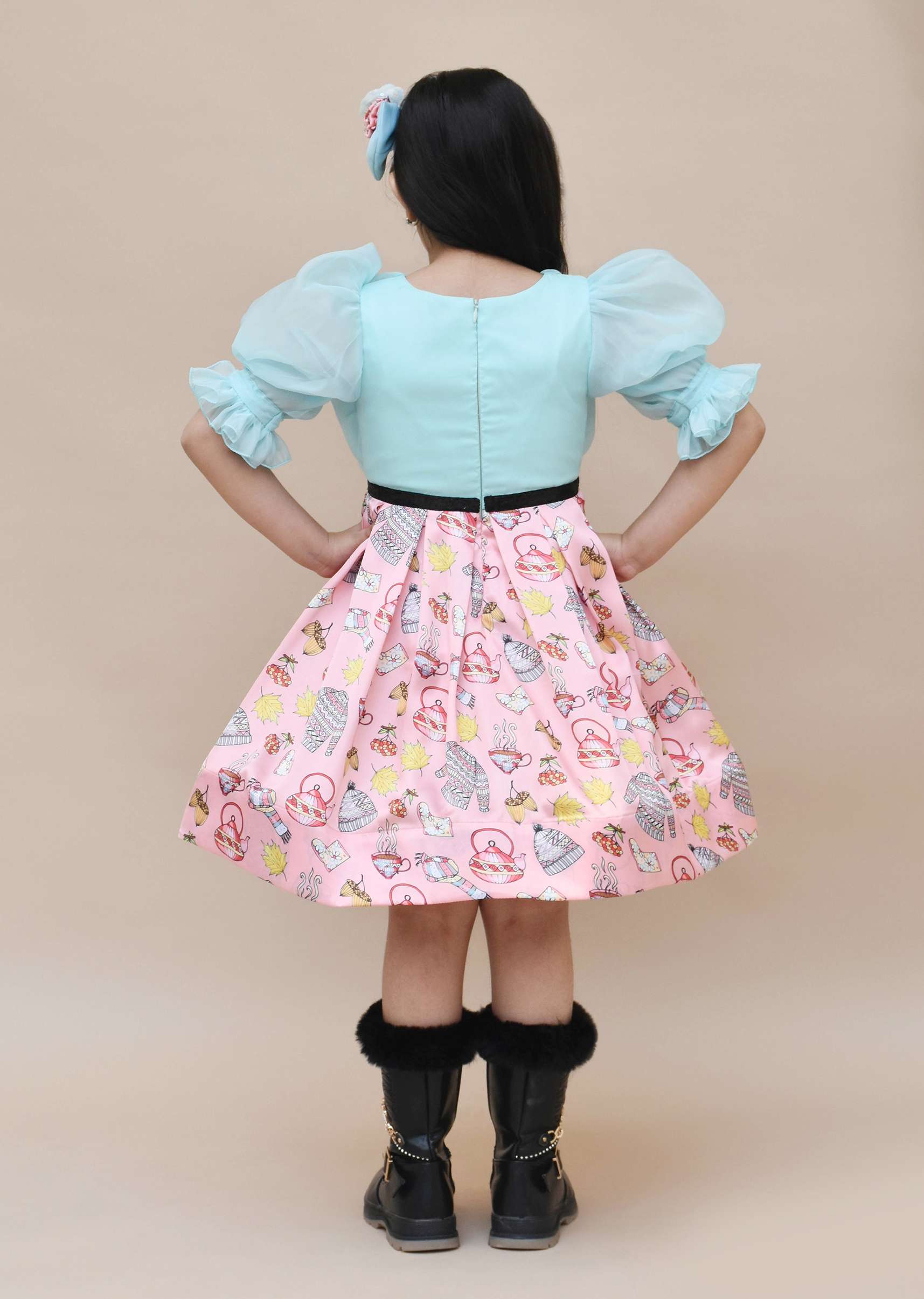 Kalki Girls Blue And Pink Organza Printed Dress With Ruffel Sleeves - Image 2