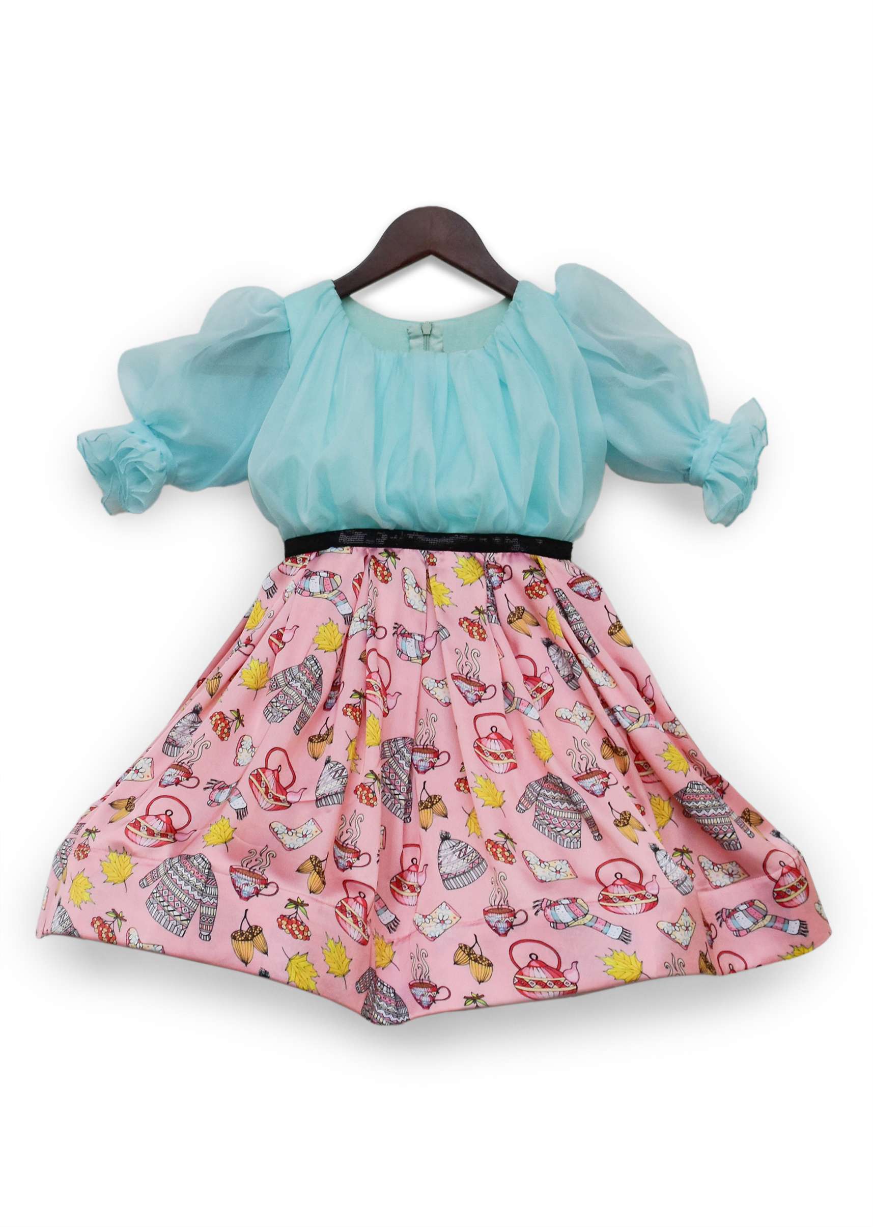 Kalki Girls Blue And Pink Organza Printed Dress With Ruffel Sleeves - Image 3