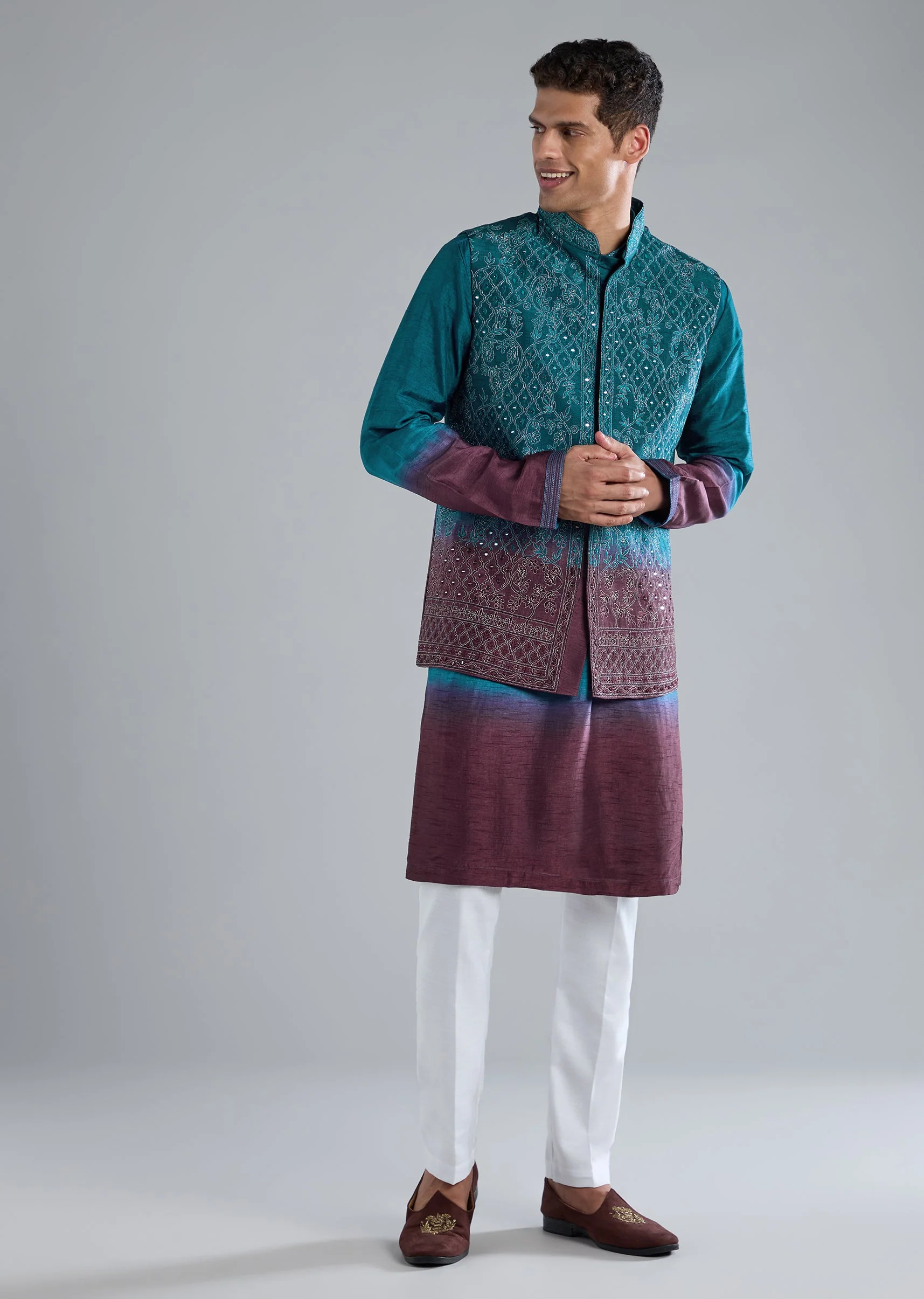 Blue And Purple Kurta Jacket Set With Zari And Mirror Work - Image 3