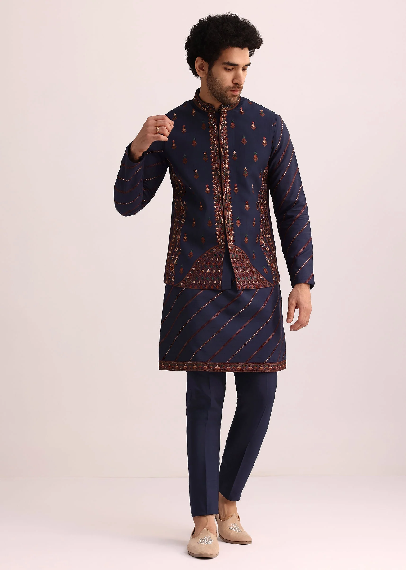 Blue And Red Silk Jacket Kurta Set With Thread Work - Image 3