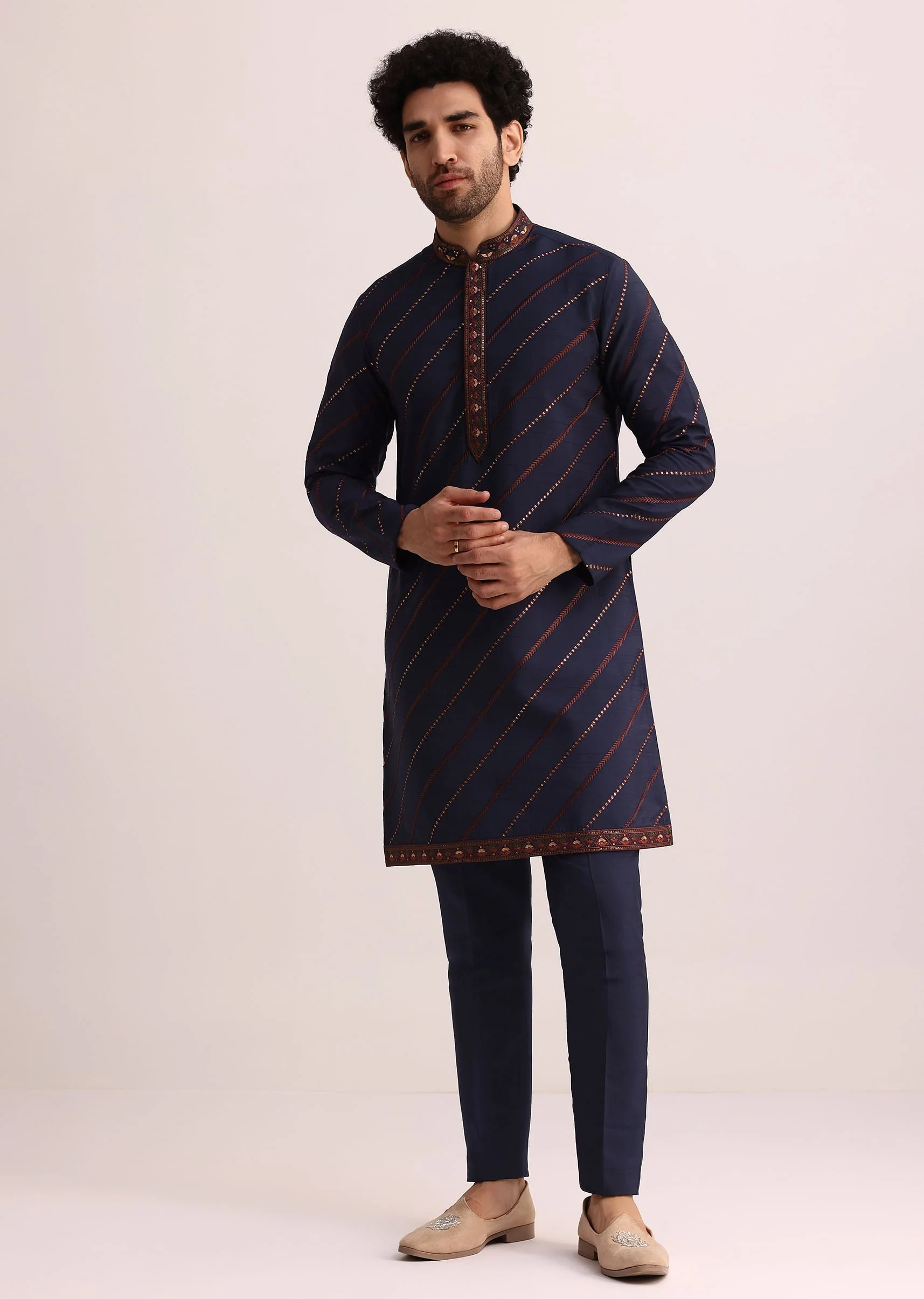 Blue And Red Silk Jacket Kurta Set With Thread Work - Image 4