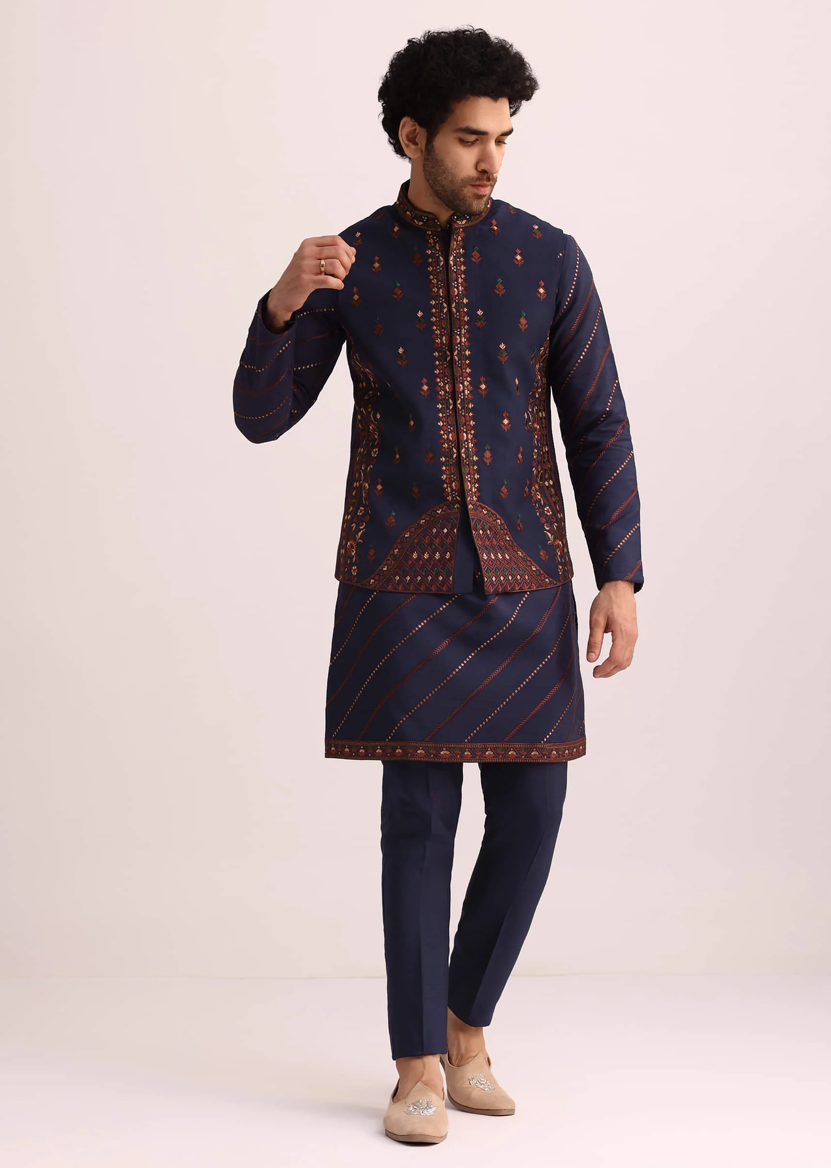 Blue And Red Silk Jacket Kurta Set With Thread Work - Image 5
