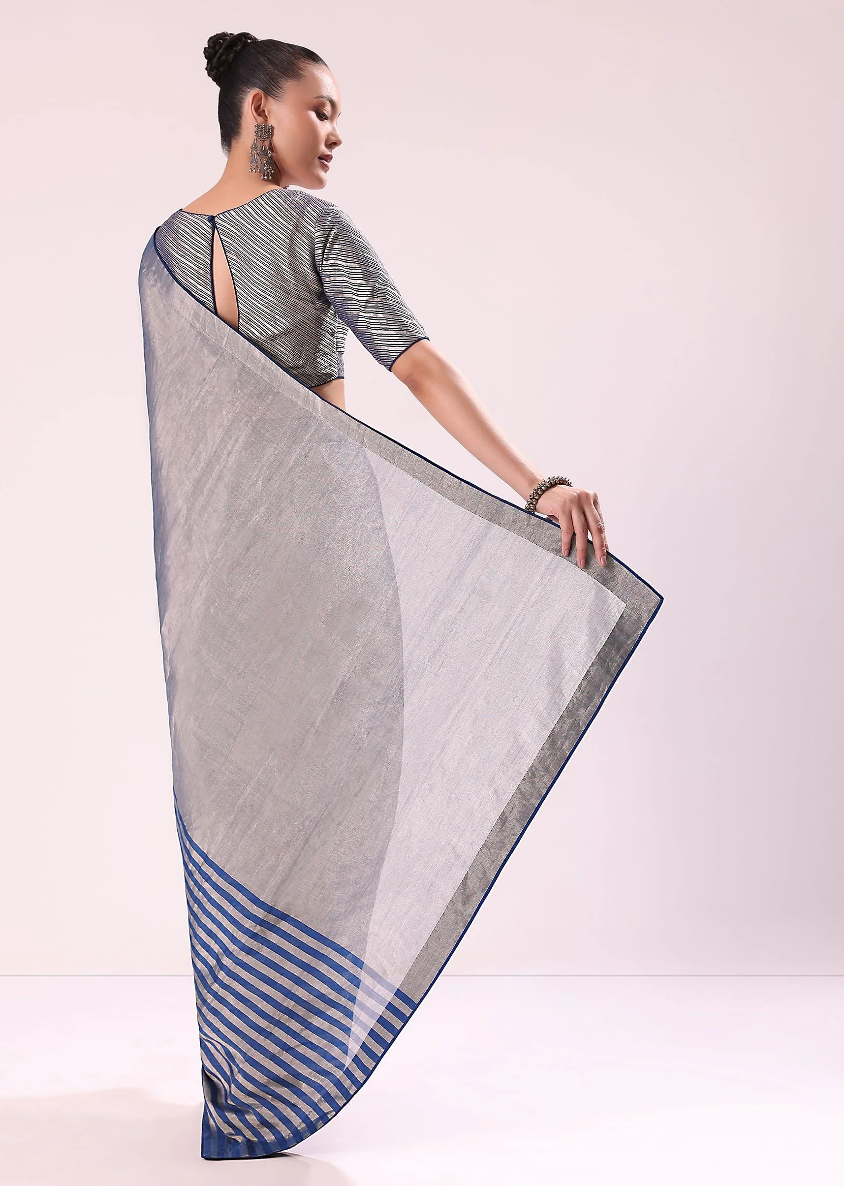 Blue And Silver Half Striped Chanderi Saree Wiith Stitched Blouse - Image 4