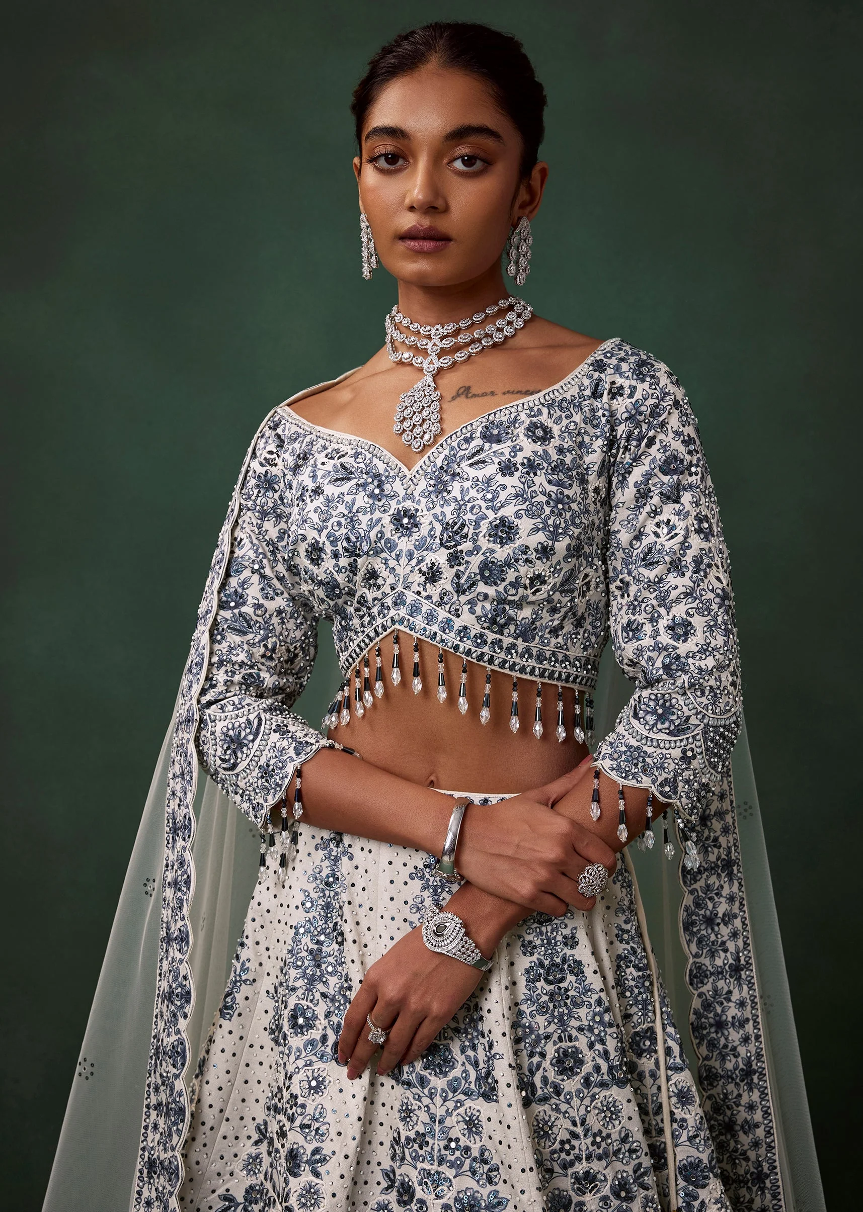 Blue and White Kali Bridal Georgette Lehenga Set with Heavy Embroidery - Image 3