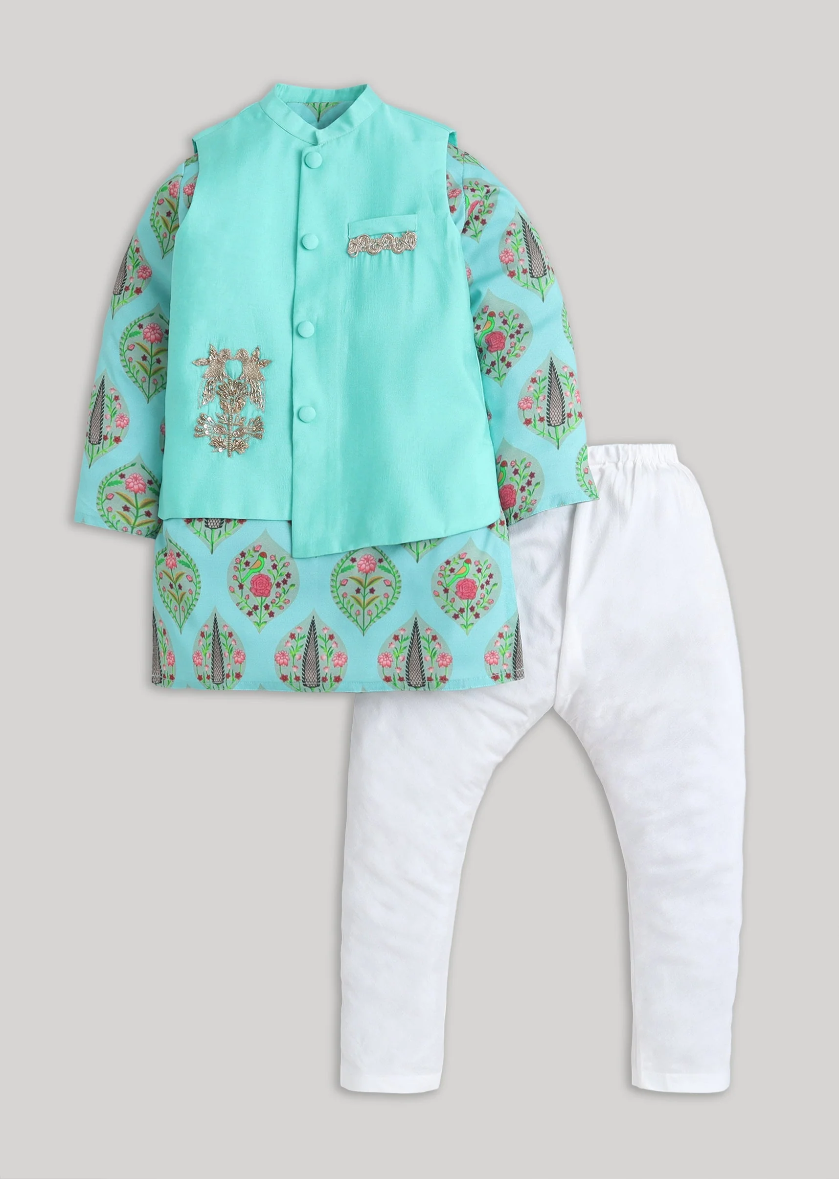 Blue And White Kids Nehru Jacket Set