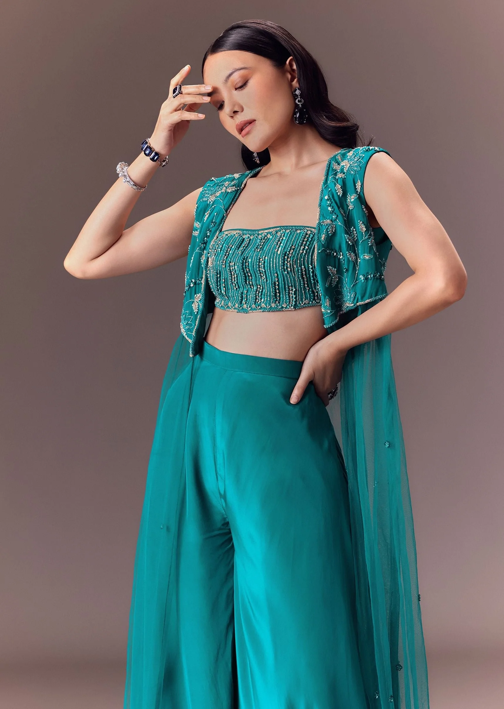 Blue Asymmetric Embroidered Jacket With Blouse And Palazzo Pants - Image 2