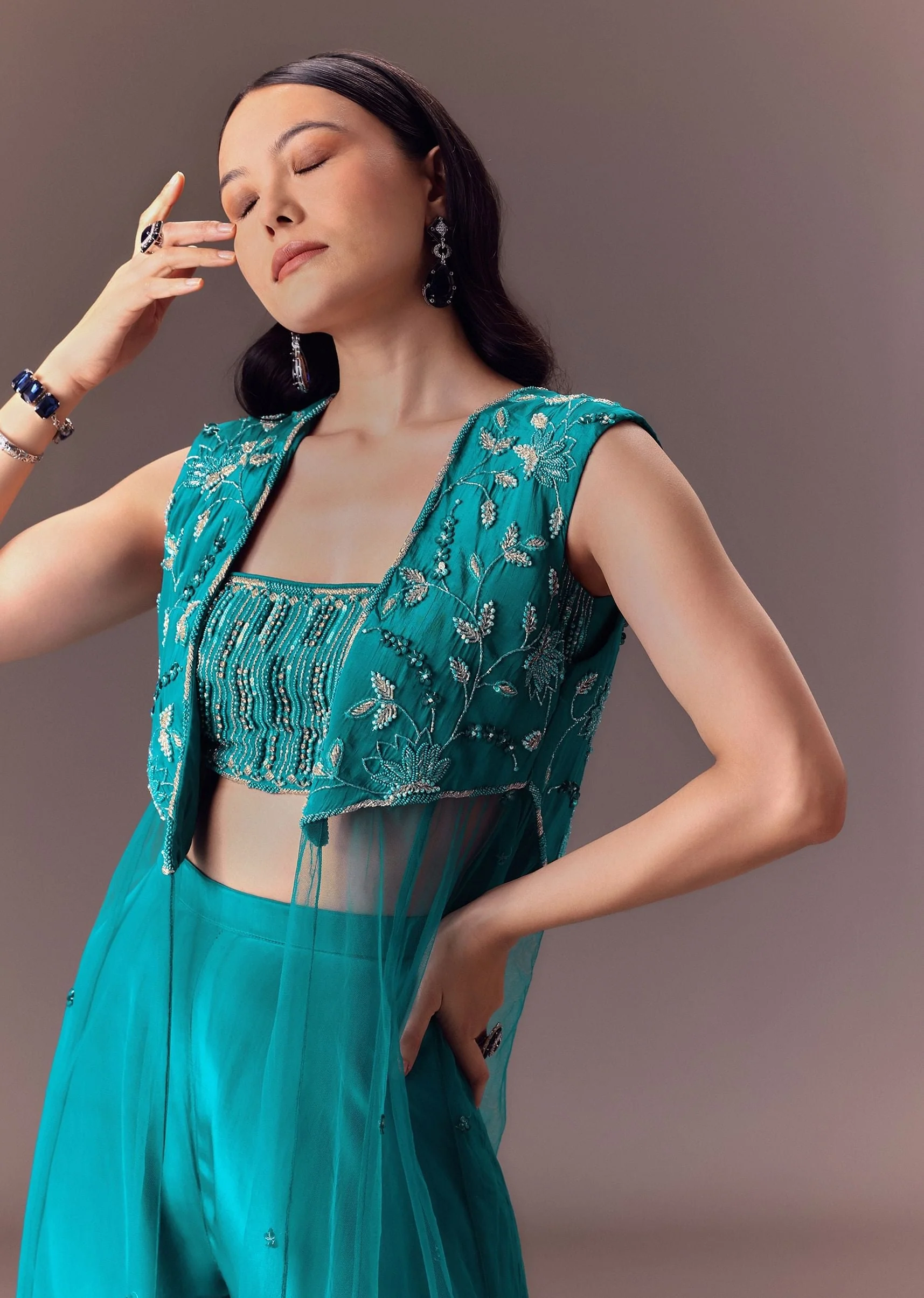 Blue Asymmetric Embroidered Jacket With Blouse And Palazzo Pants - Image 4