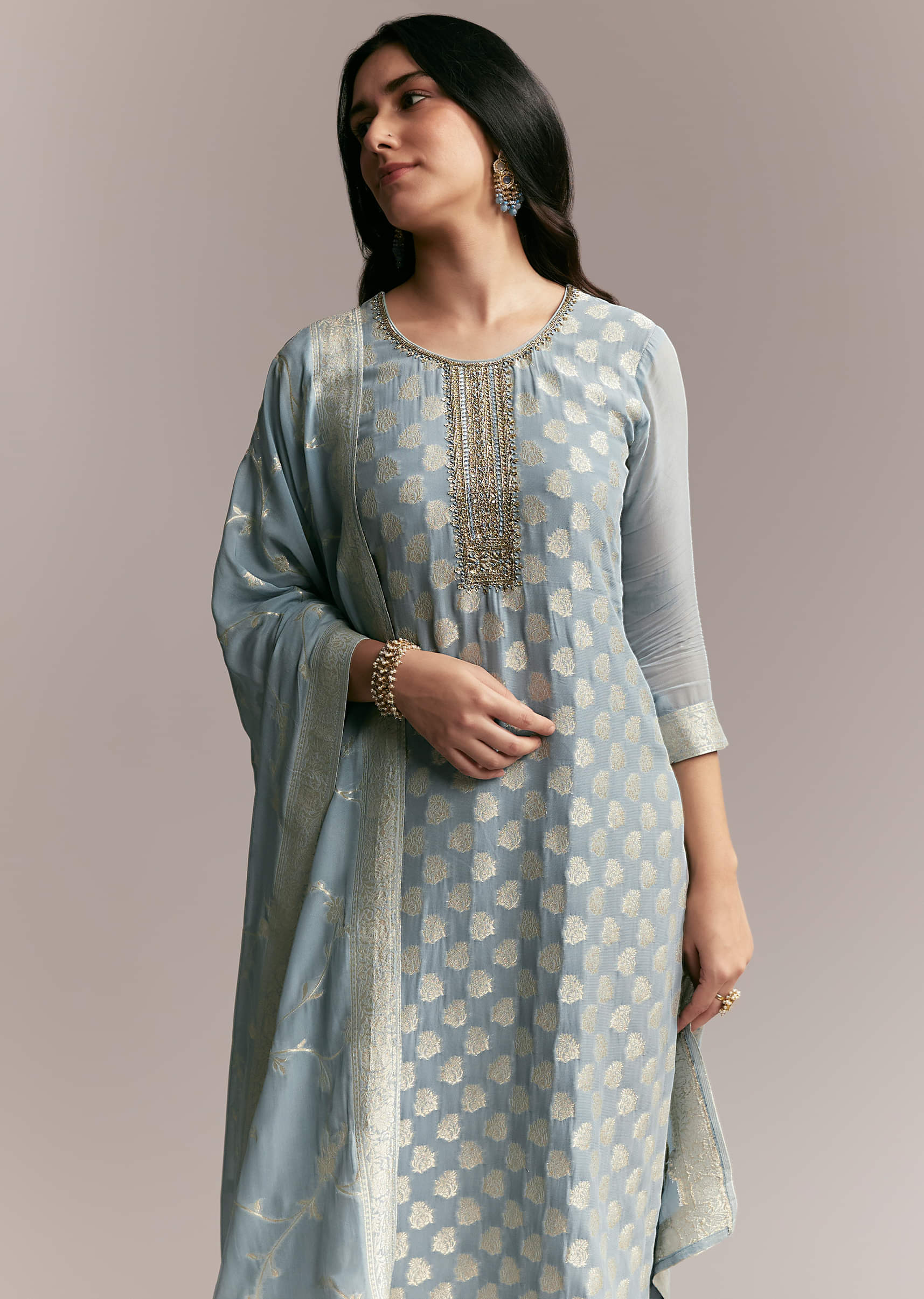 Blue Banarasi Kurta Set - Image 5