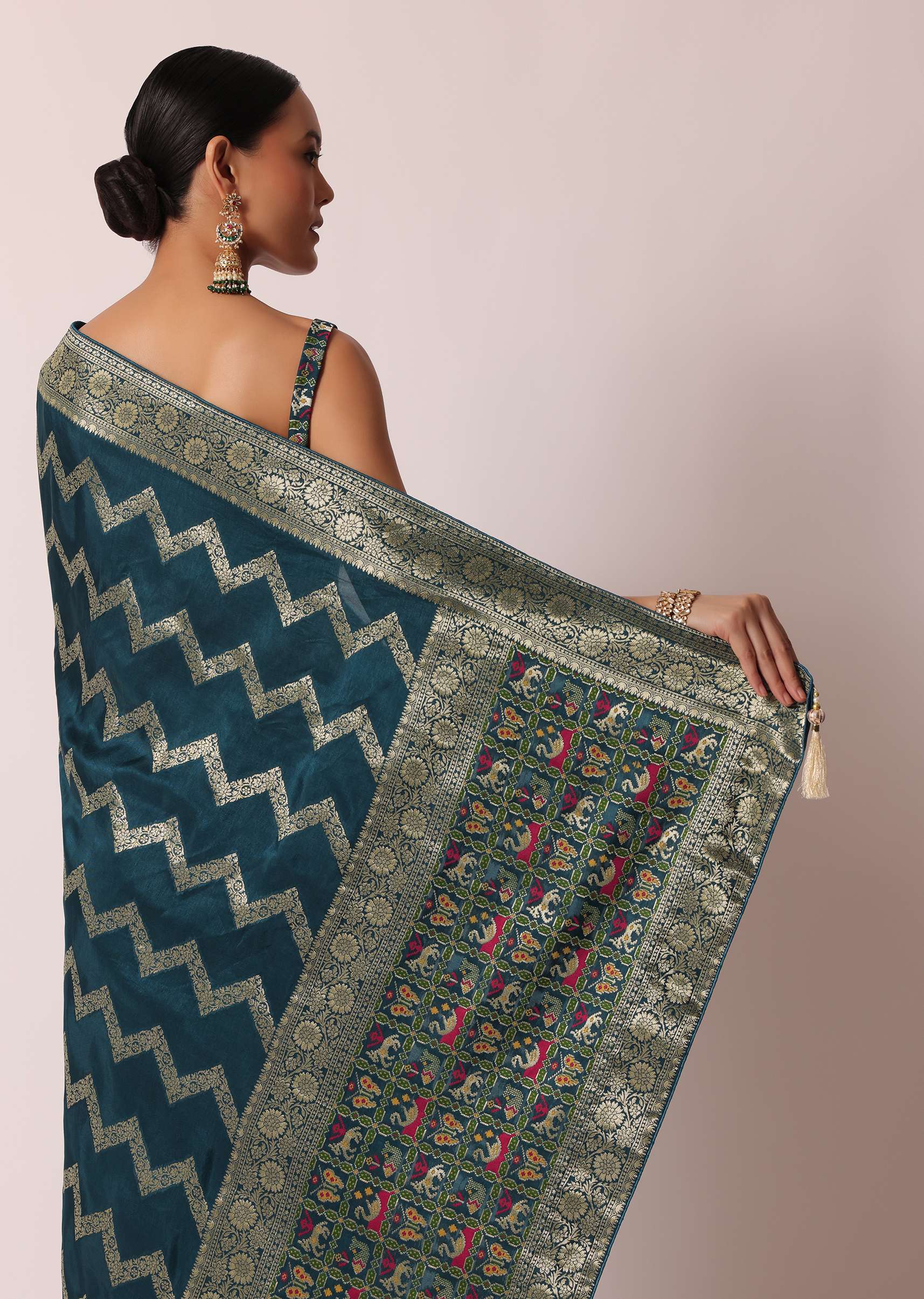 Blue Banarasi Silk Saree With Meenakari Work And Unstitched Blouse Piece - Image 6