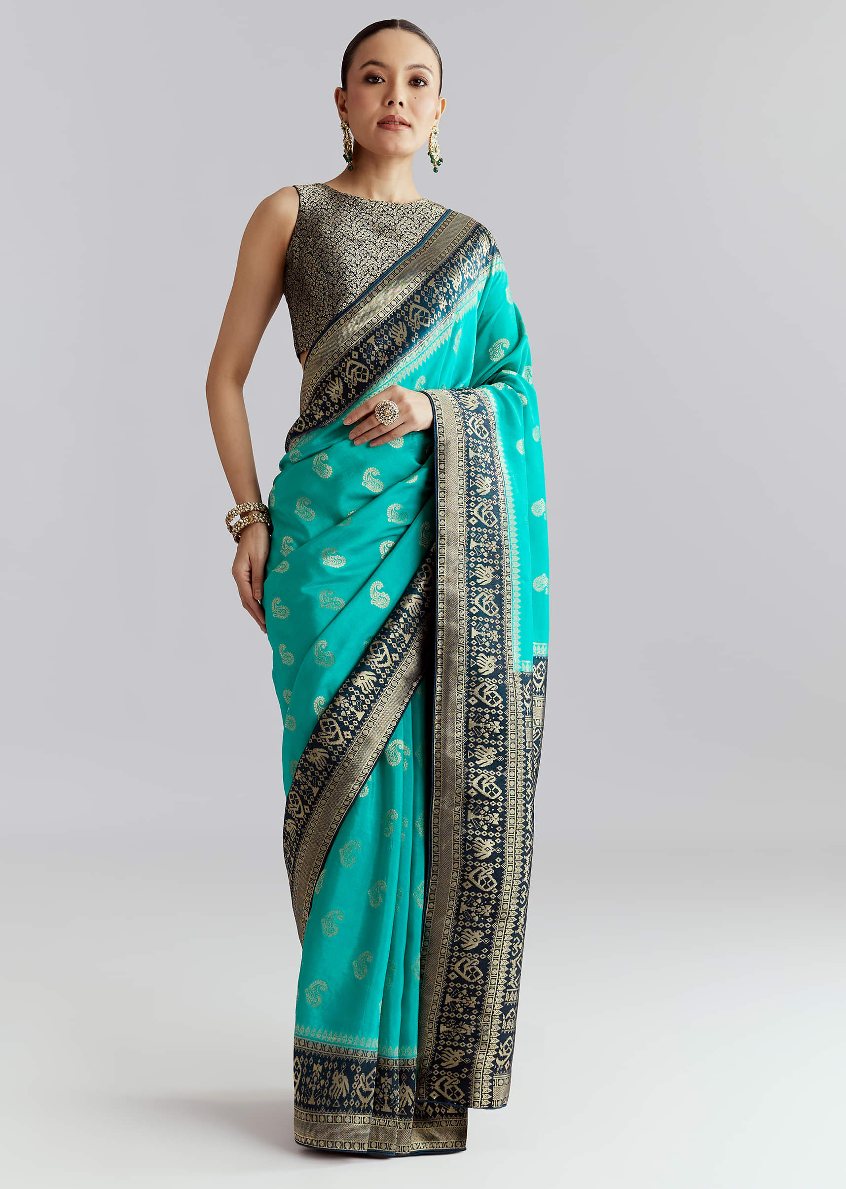 Blue Banarasi Silk Woven Saree With Zari Paisley Motifs - Image 3