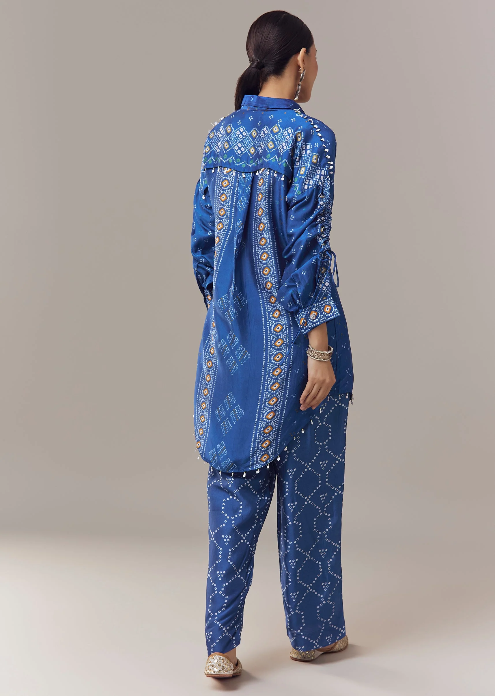 Blue Bandhani Print Silk Coord Set With Beads Detail - Image 5
