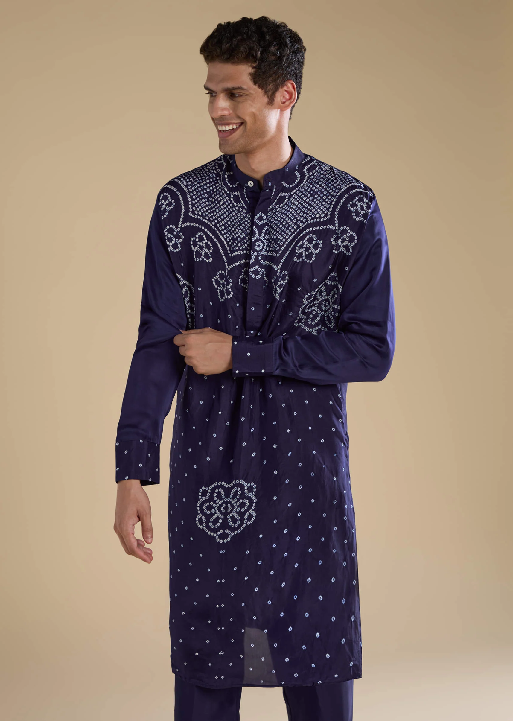 Blue Bandhani Silk Mens Straight Kurta Pant Set - Image 4