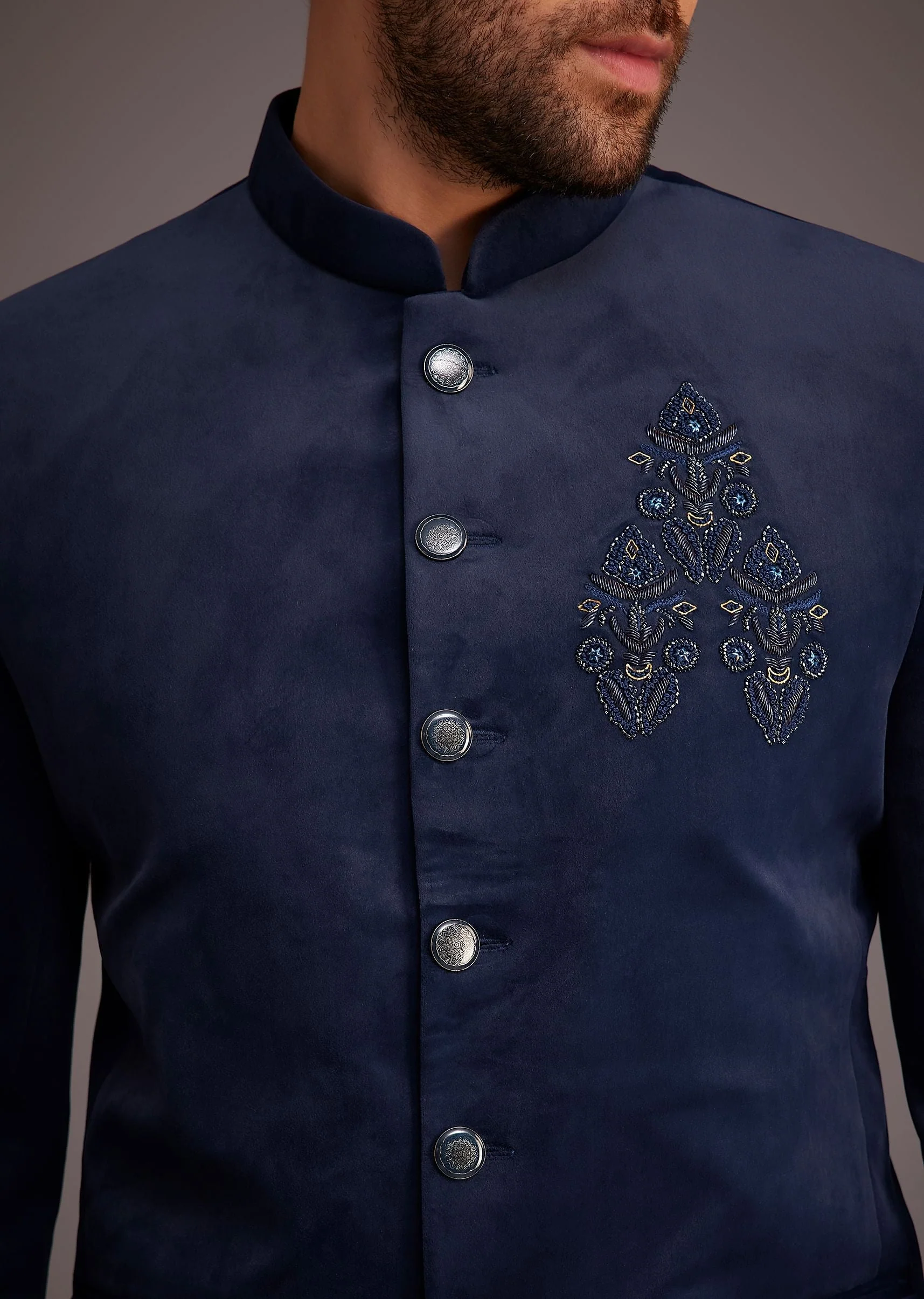 Blue Bandhgala With Embroidered Motif - Image 3