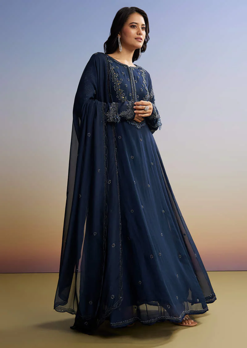 Blue Beaded Anarkali Set With Dupatta - Image 3