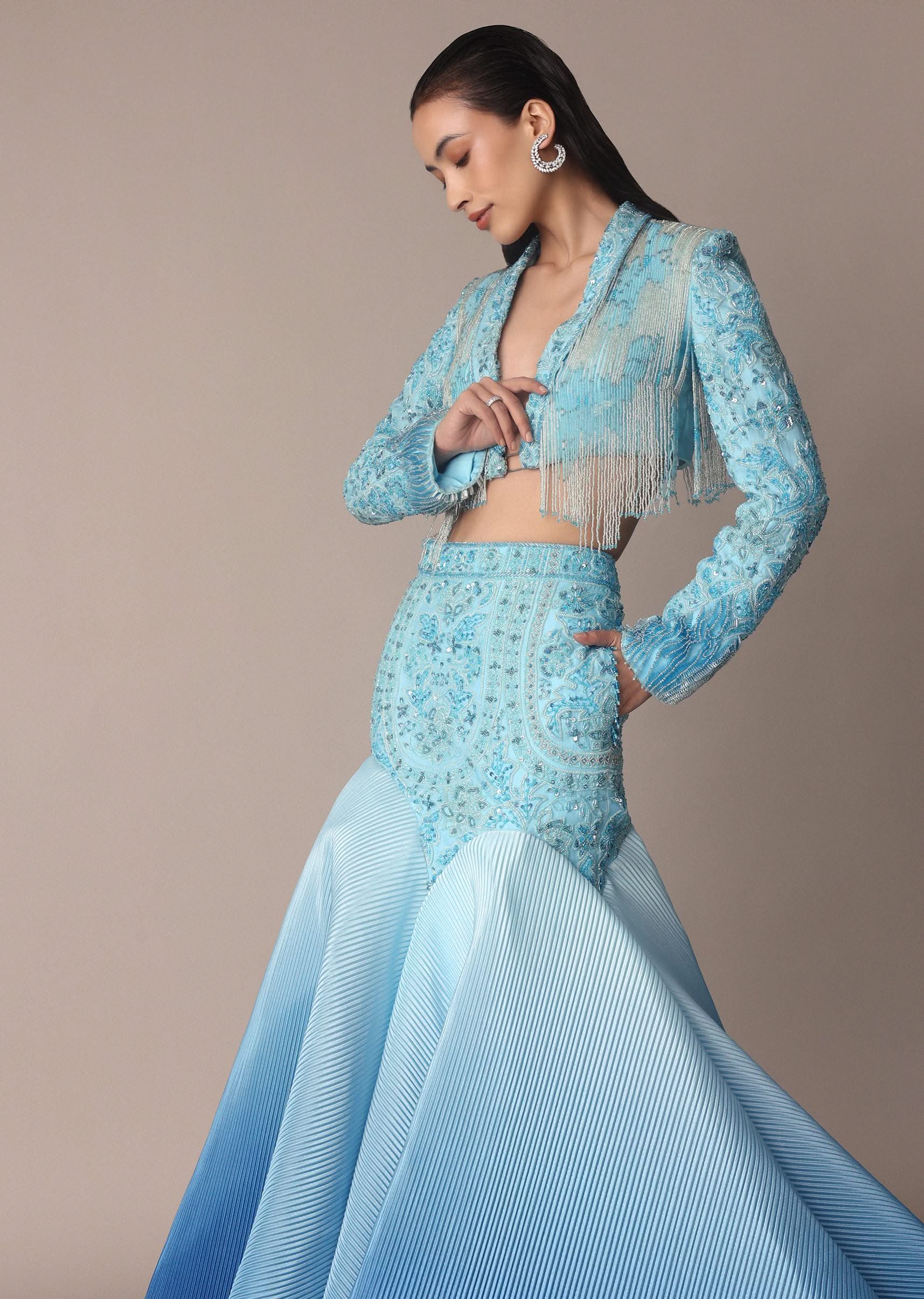 Blue Ombre Organza Fishcut Skirt With Tassel Short Jacket - Image 7