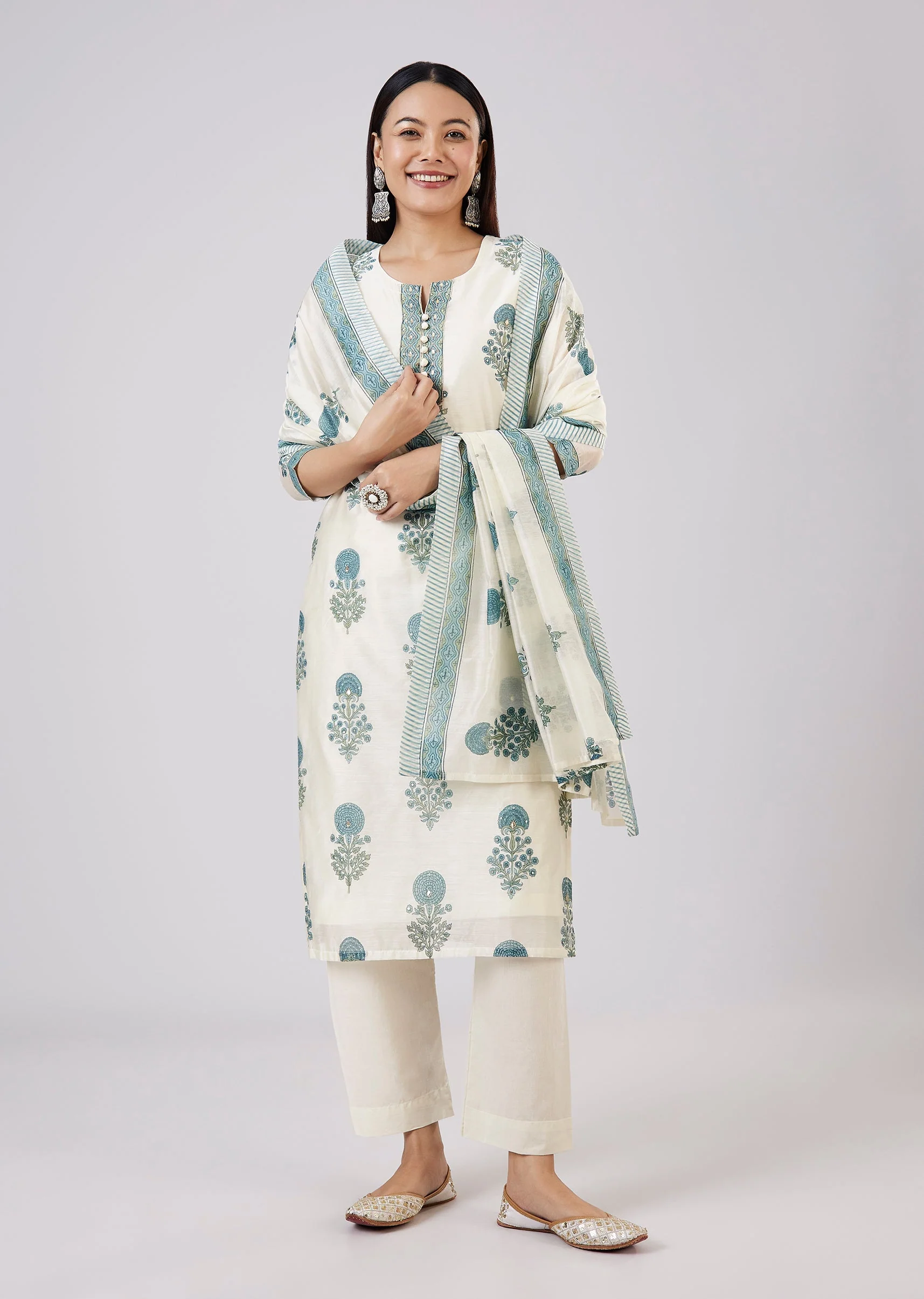 Blue Block Print Chanderi Kurta Set