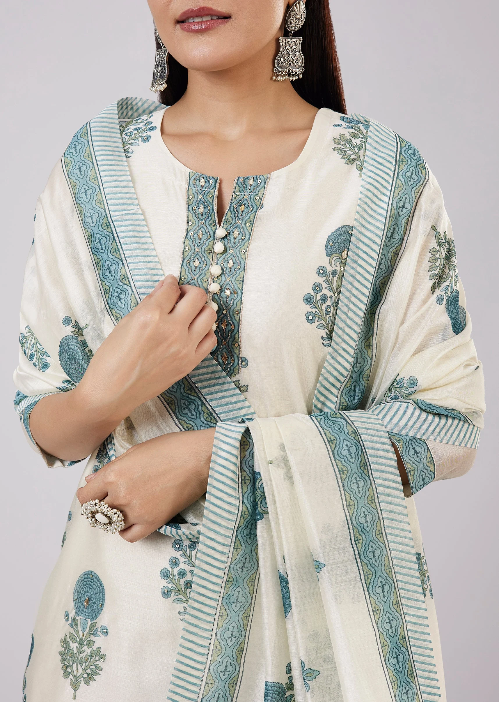 Blue Block Print Chanderi Kurta Set - Image 2
