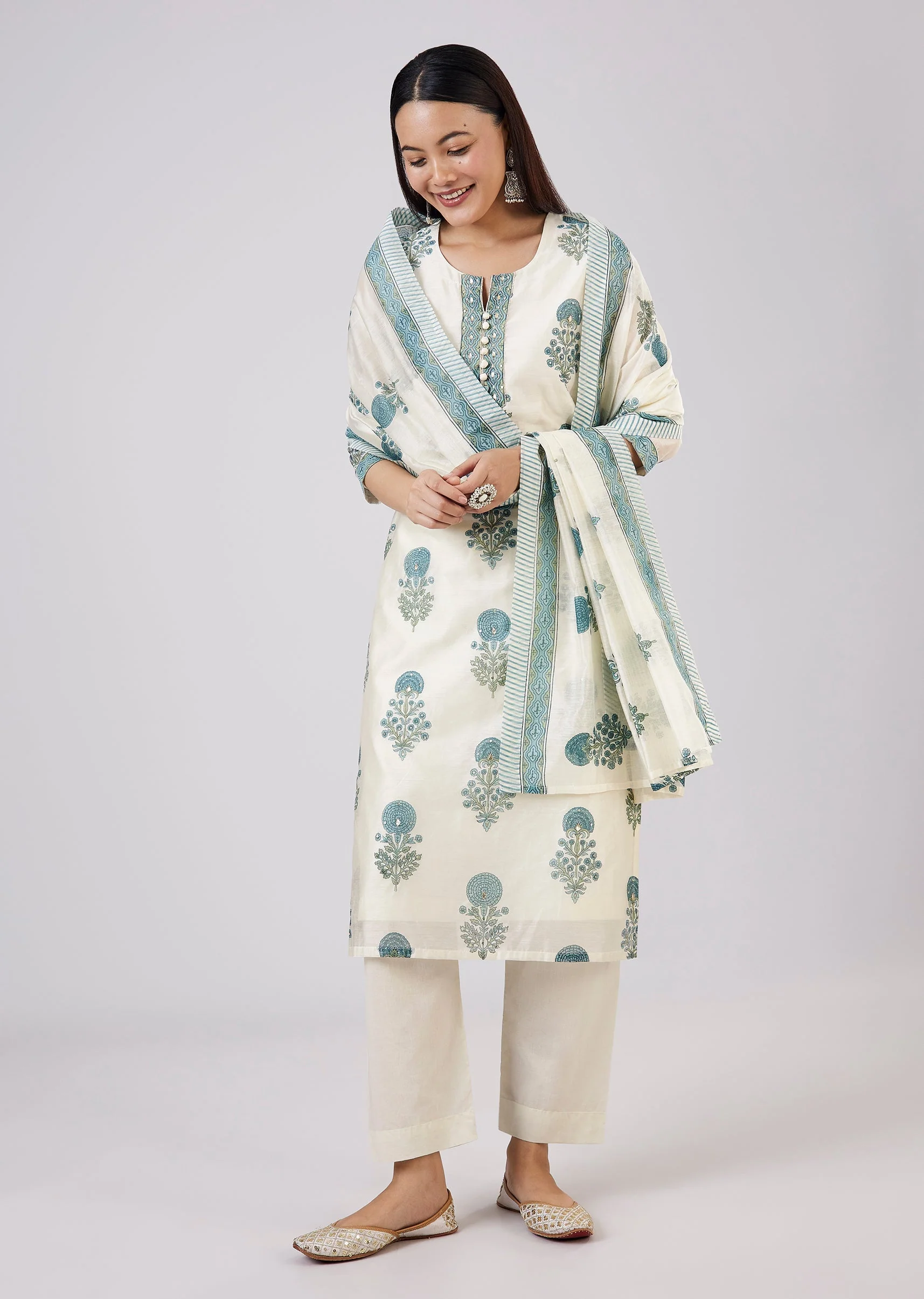 Blue Block Print Chanderi Kurta Set - Image 3