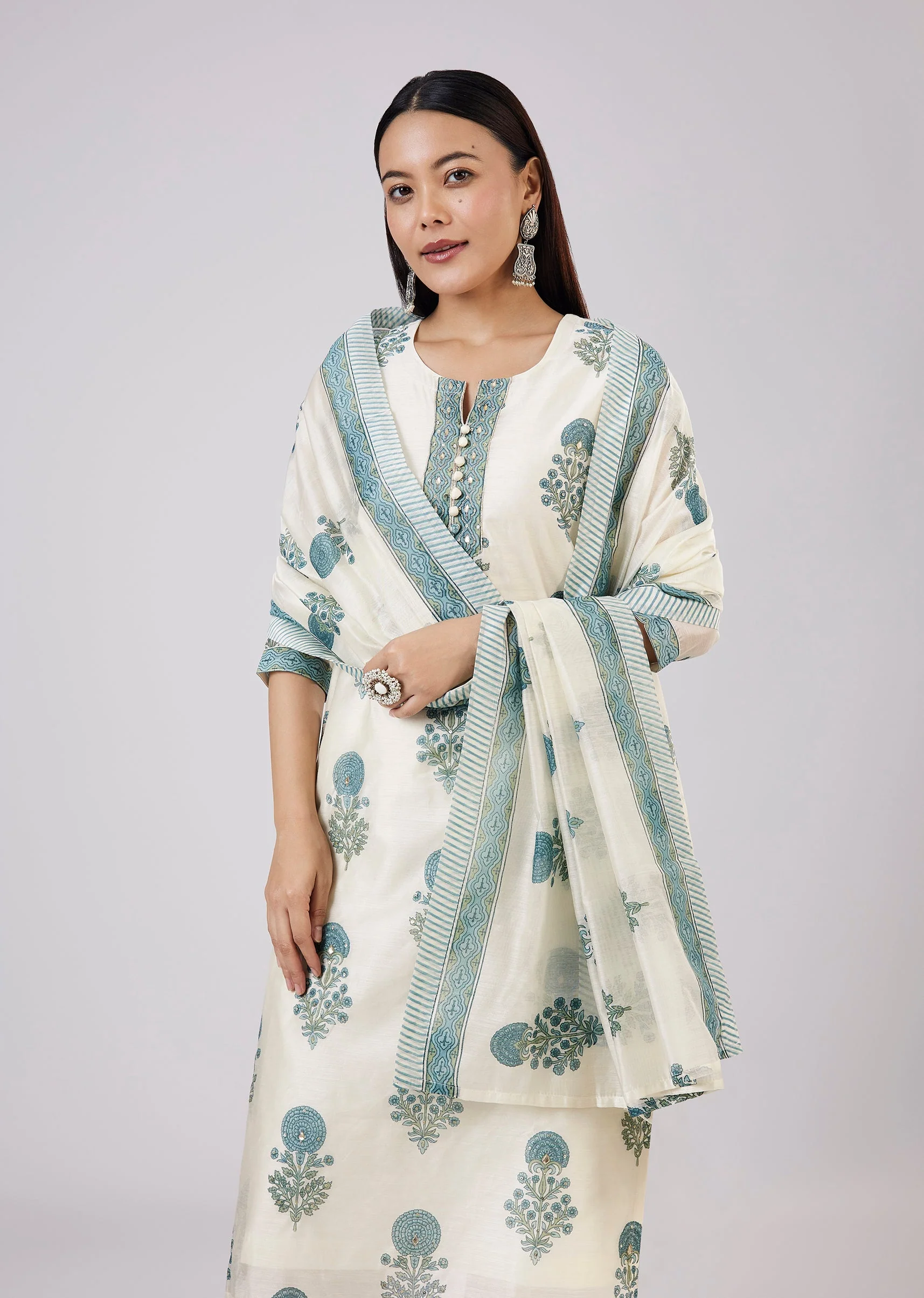 Blue Block Print Chanderi Kurta Set - Image 4