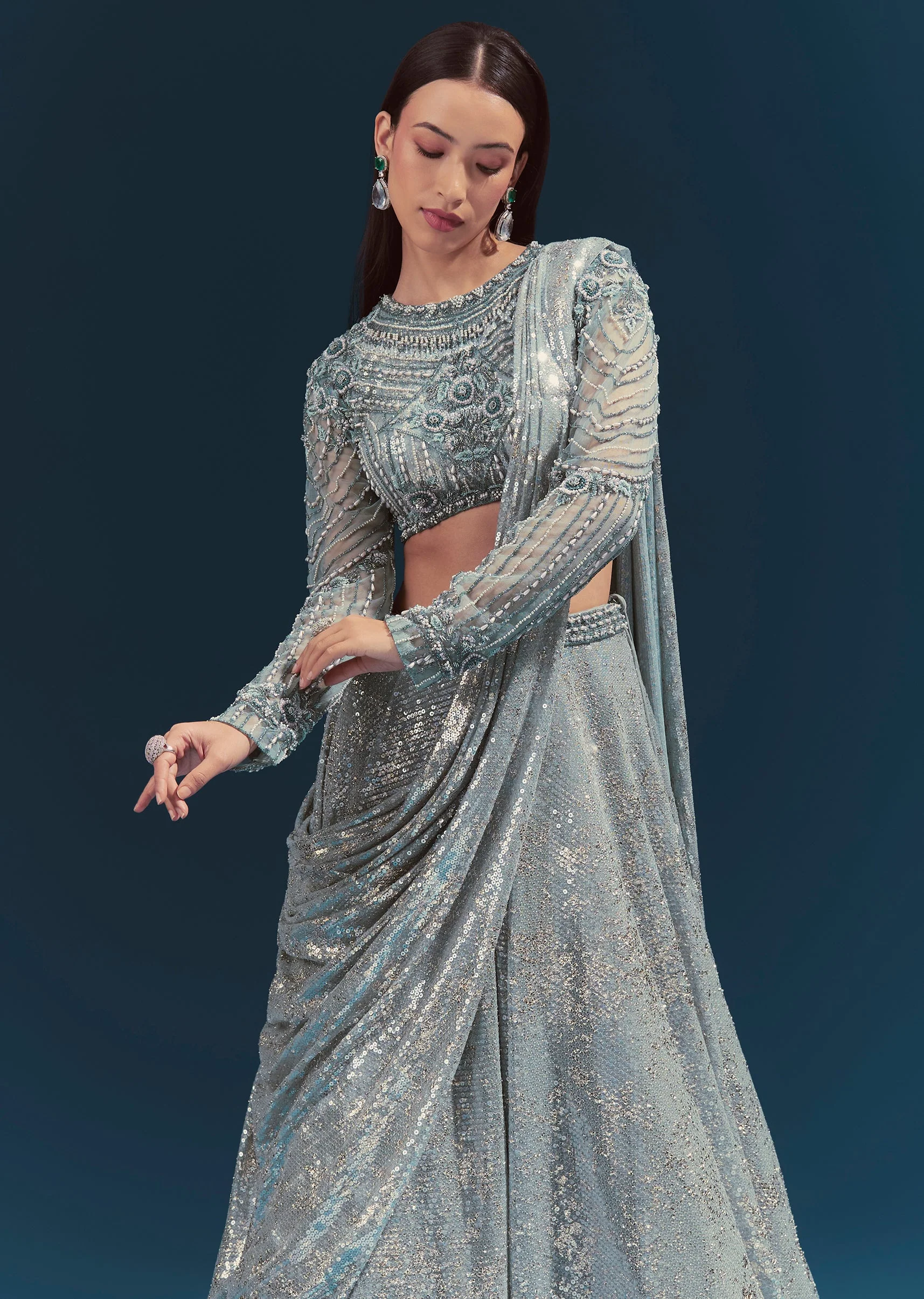 Blue Bridesmaid Lehenga With Net Long Sleeves Blouse And Cutdana Work - Image 5