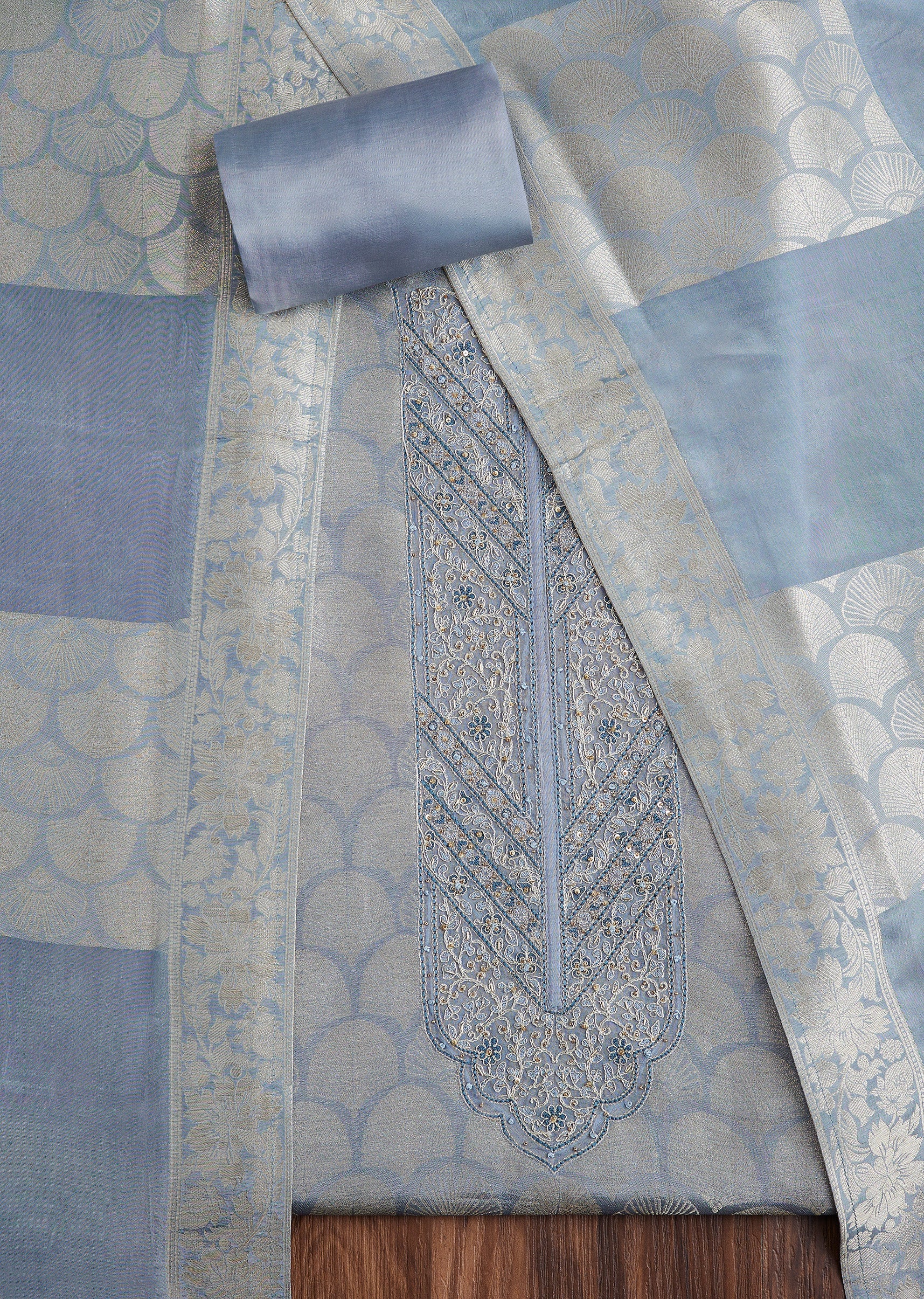 Blue Brocade Embroidered Suit