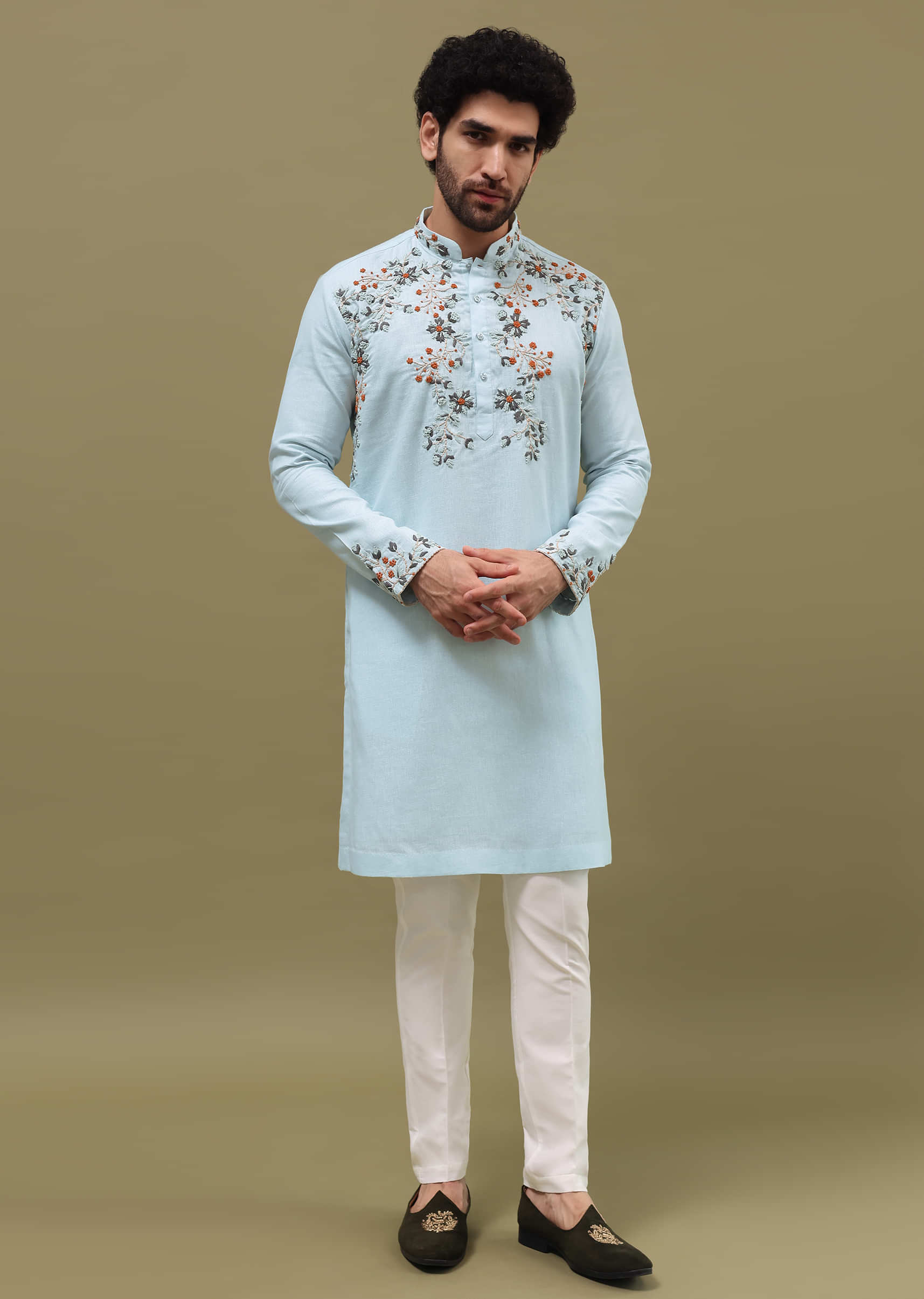 Blue Bud Embroidered Linen Kurta Set For Men - Image 4
