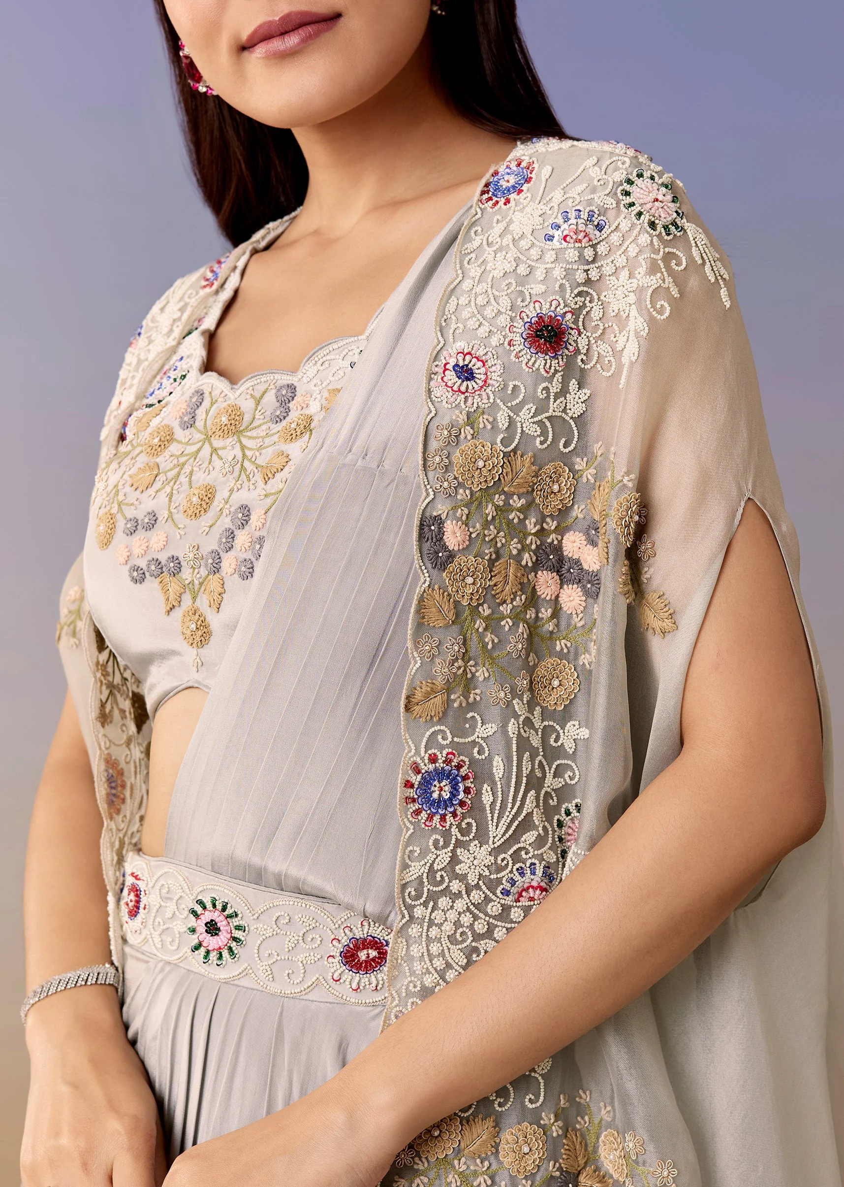 Blue Cape Pre Draped Saree Set - Image 2