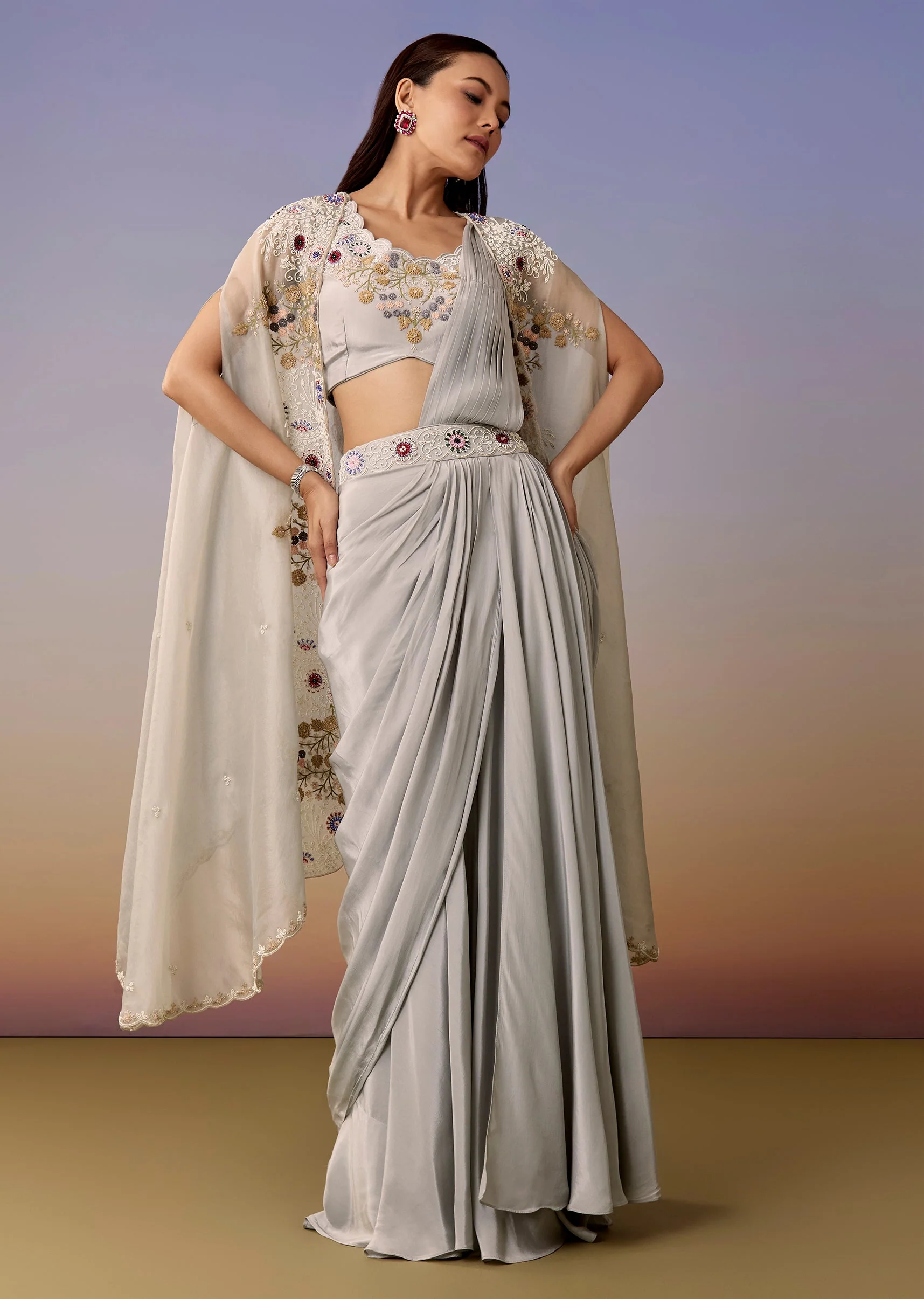 Blue Cape Pre Draped Saree Set - Image 3