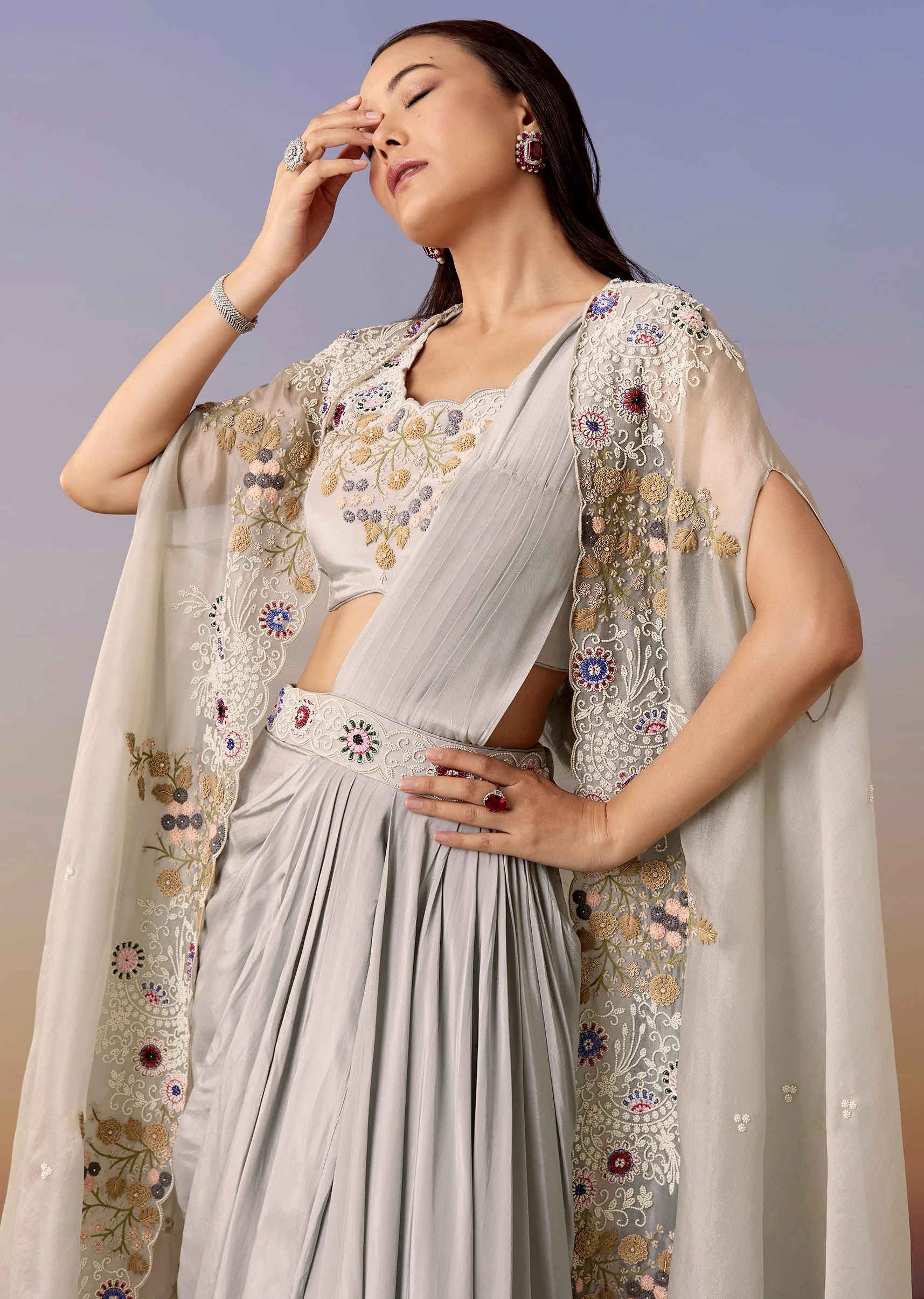 Blue Cape Pre Draped Saree Set - Image 4